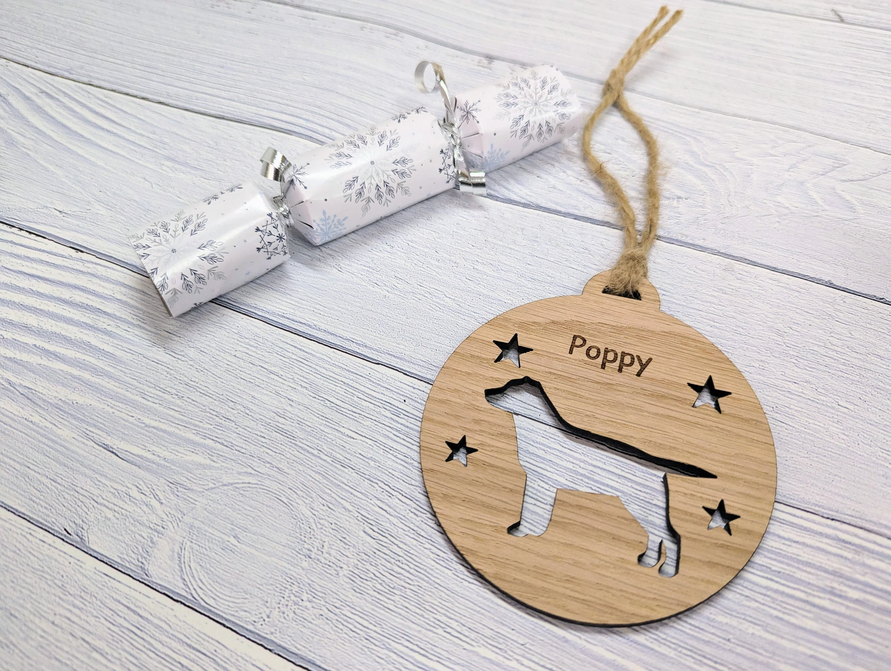 Personalised Labrador Christmas Bauble in Oak Veneer MDF - Rustic Jute String - Stars or Hearts Cut-Out - Labrador Gift - Image 4