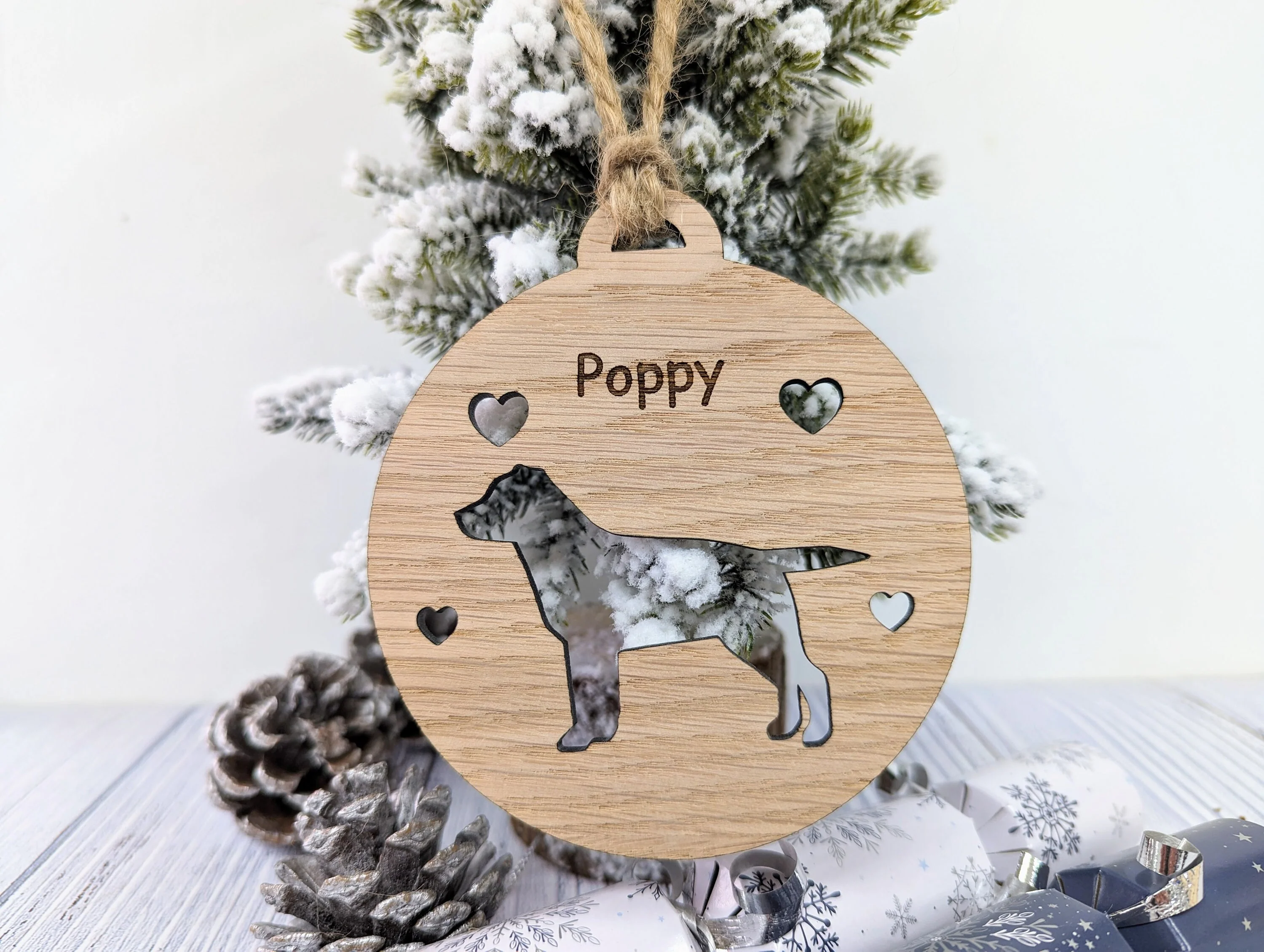 Personalised Labrador Christmas Bauble in Oak Veneer MDF - Rustic Jute String - Stars or Hearts Cut-Out - Labrador Gift - Image 5