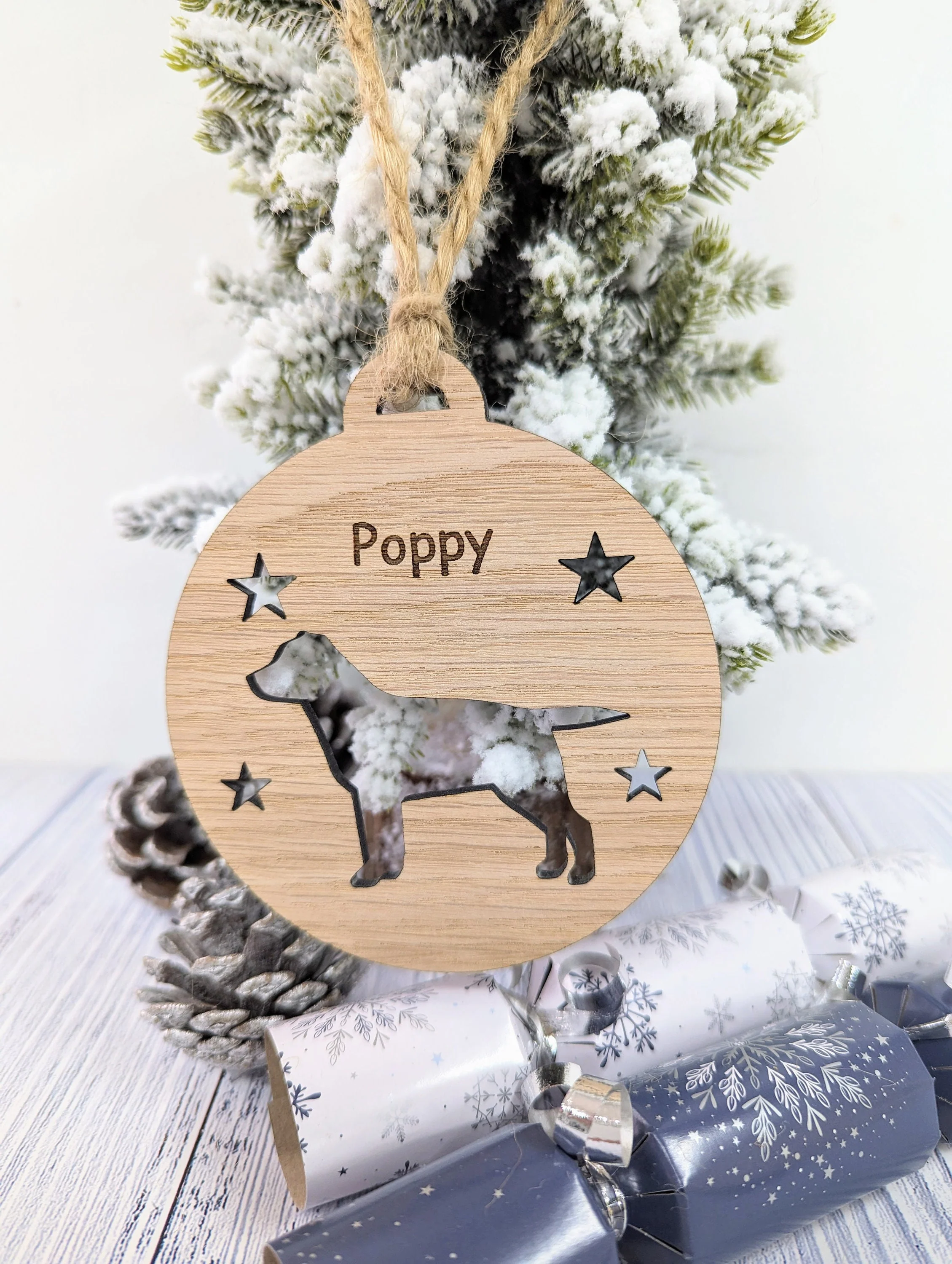Personalised Labrador Christmas Bauble in Oak Veneer MDF - Rustic Jute String - Stars or Hearts Cut-Out - Labrador Gift - Image 7