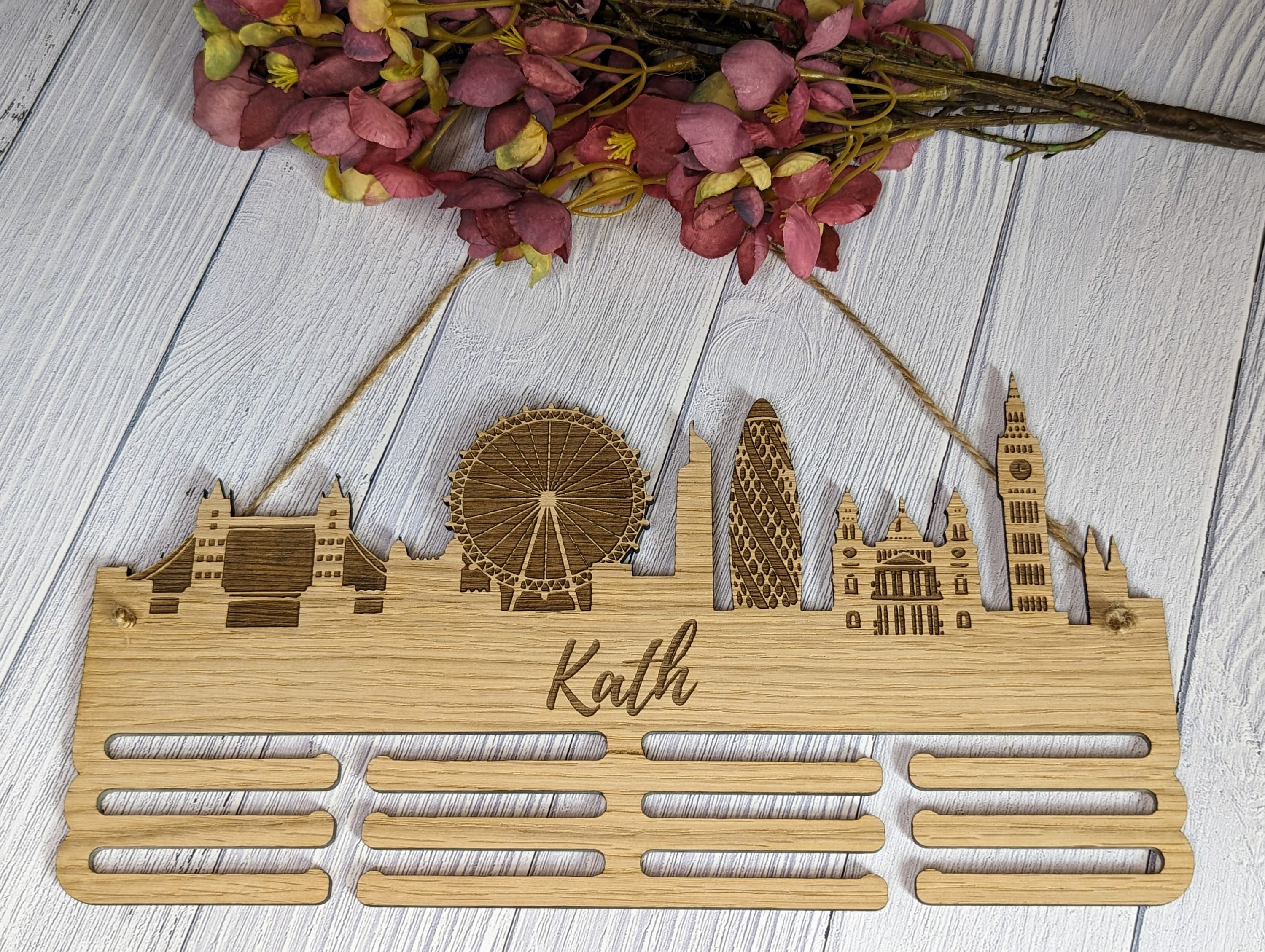 Personalised London Skyline Wooden Medal Hanger | Engraved Sports Medal Display | Oak Veneer, Marathon Runner, Athlete etc - Image 3
