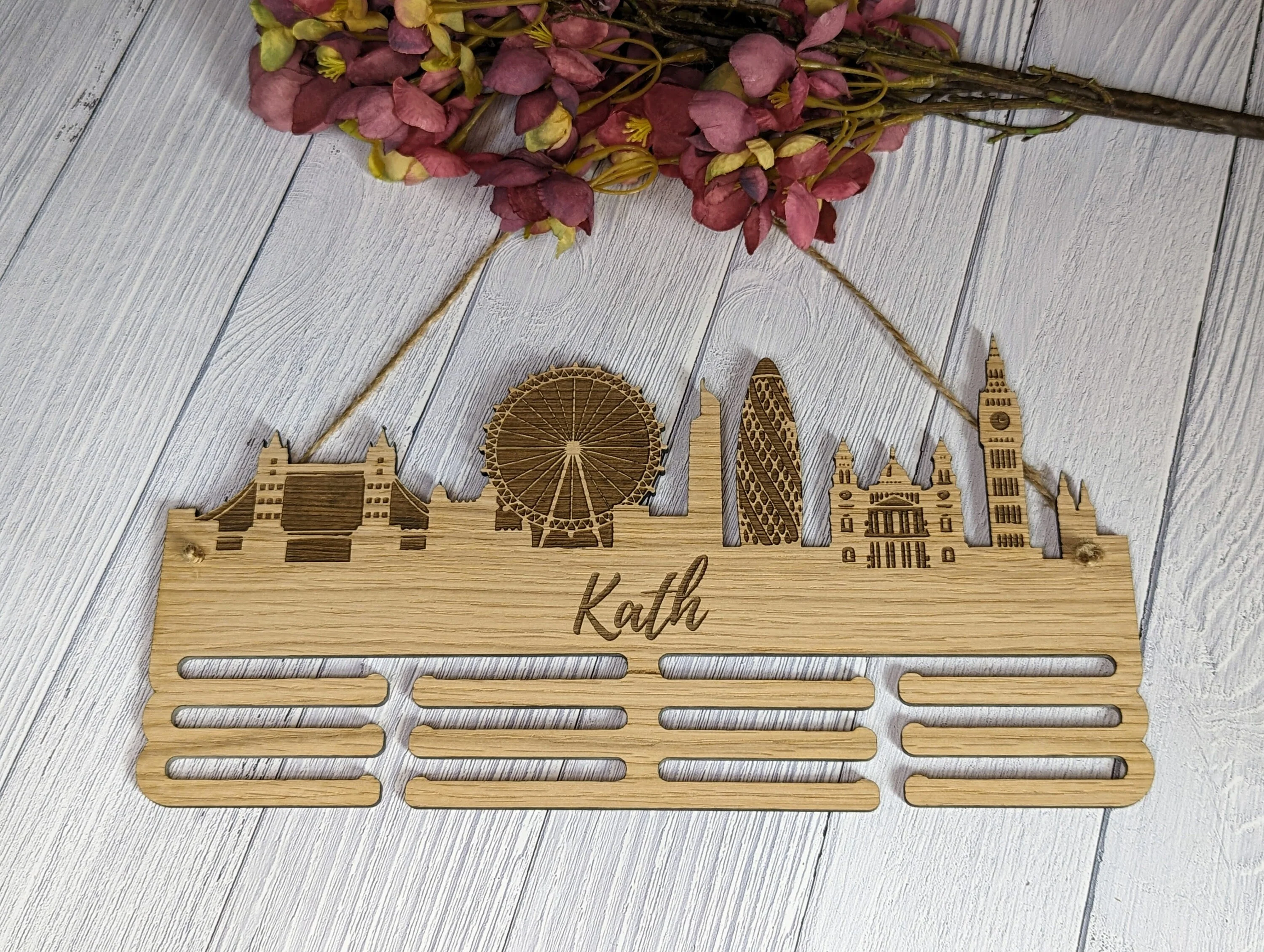 Personalised London Skyline Wooden Medal Hanger | Engraved Sports Medal Display | Oak Veneer, Marathon Runner, Athlete etc - Image 4