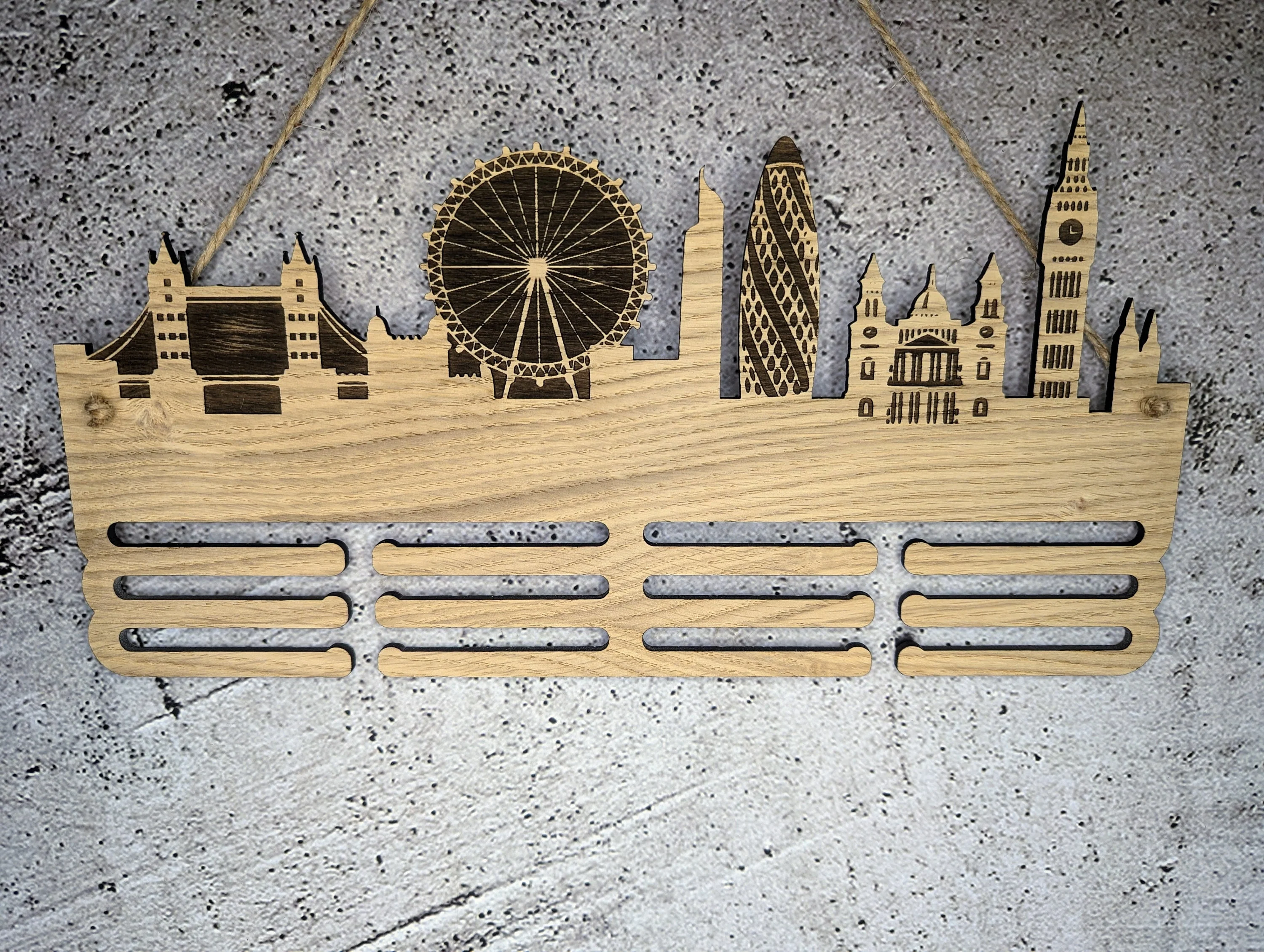 Personalised London Skyline Wooden Medal Hanger | Engraved Sports Medal Display | Oak Veneer, Marathon Runner, Athlete etc - Image 5