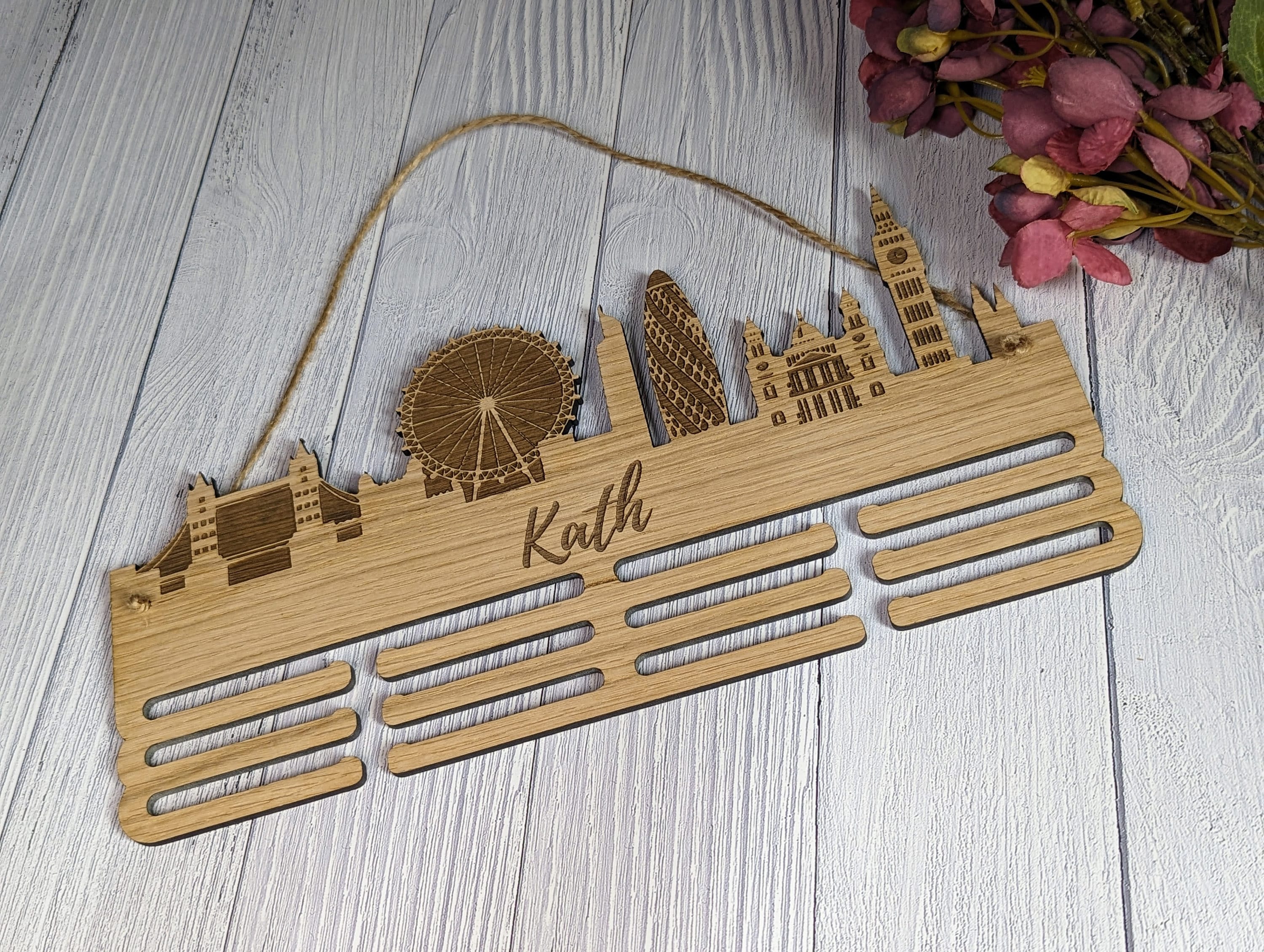 Personalised London Skyline Wooden Medal Hanger | Engraved Sports Medal Display | Oak Veneer, Marathon Runner, Athlete etc - Image 6