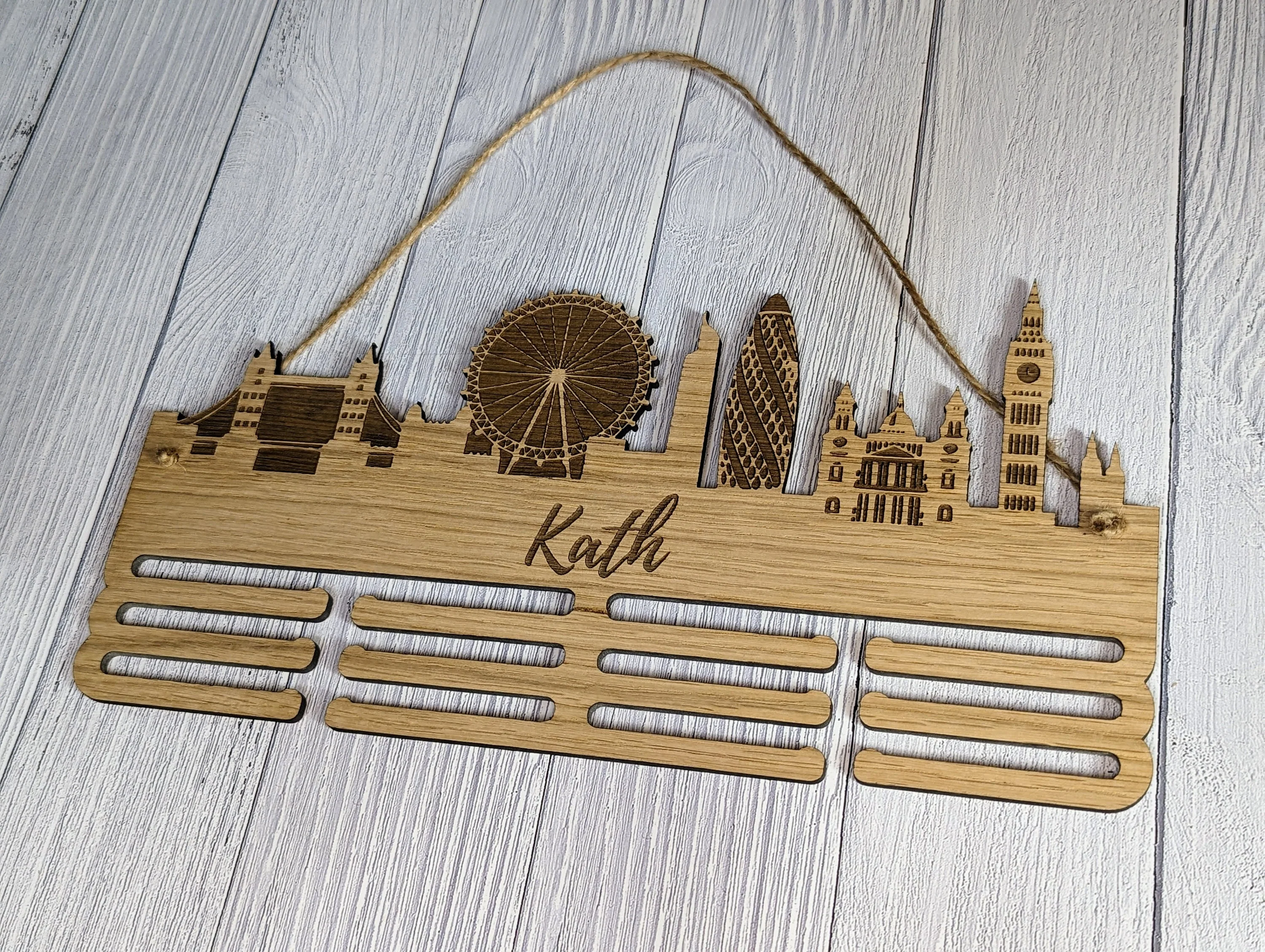 Personalised London Skyline Wooden Medal Hanger | Engraved Sports Medal Display | Oak Veneer, Marathon Runner, Athlete etc - Image 7