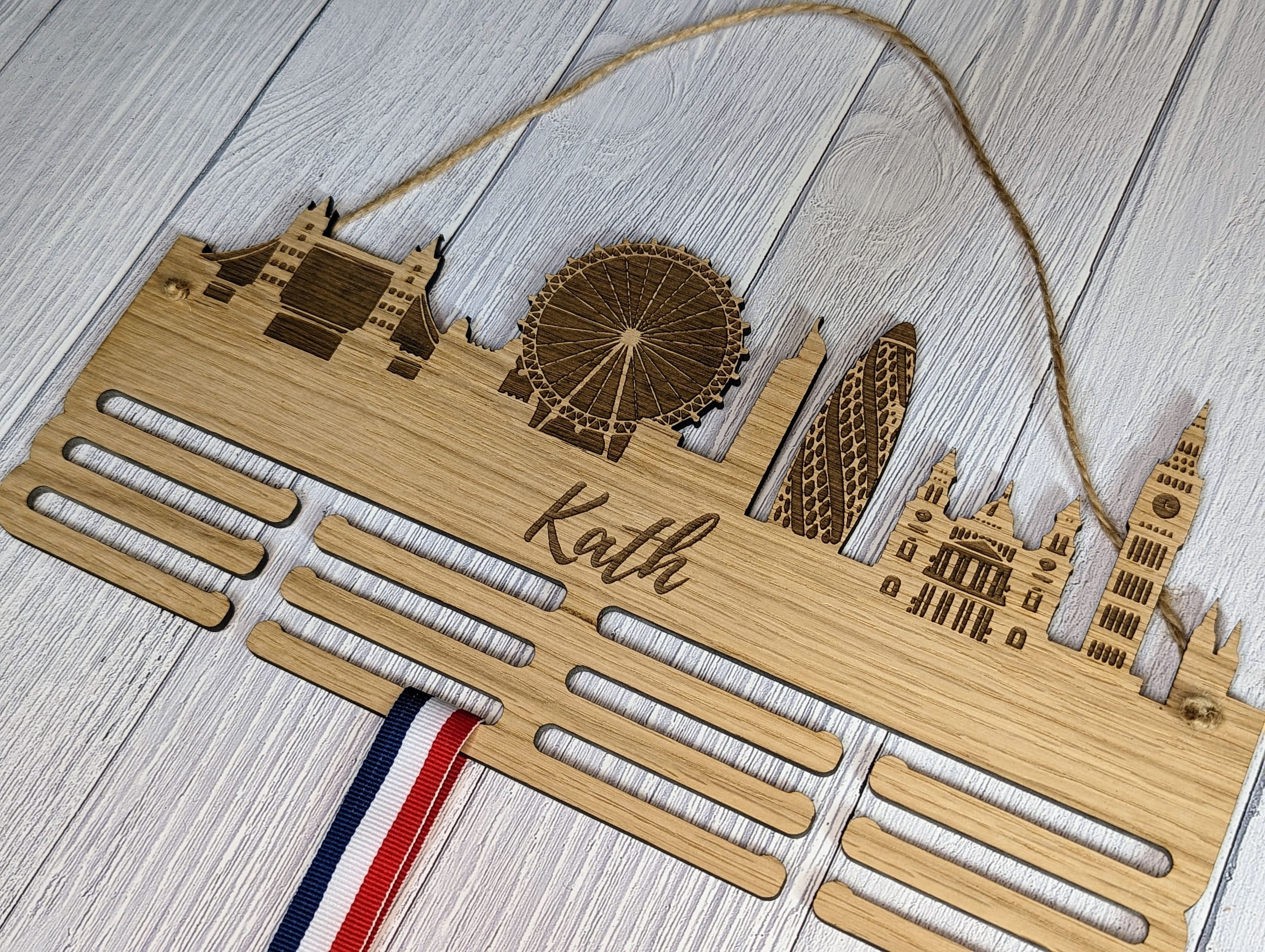 Personalised London Skyline Wooden Medal Hanger | Engraved Sports Medal Display | Oak Veneer, Marathon Runner, Athlete etc - Image 8