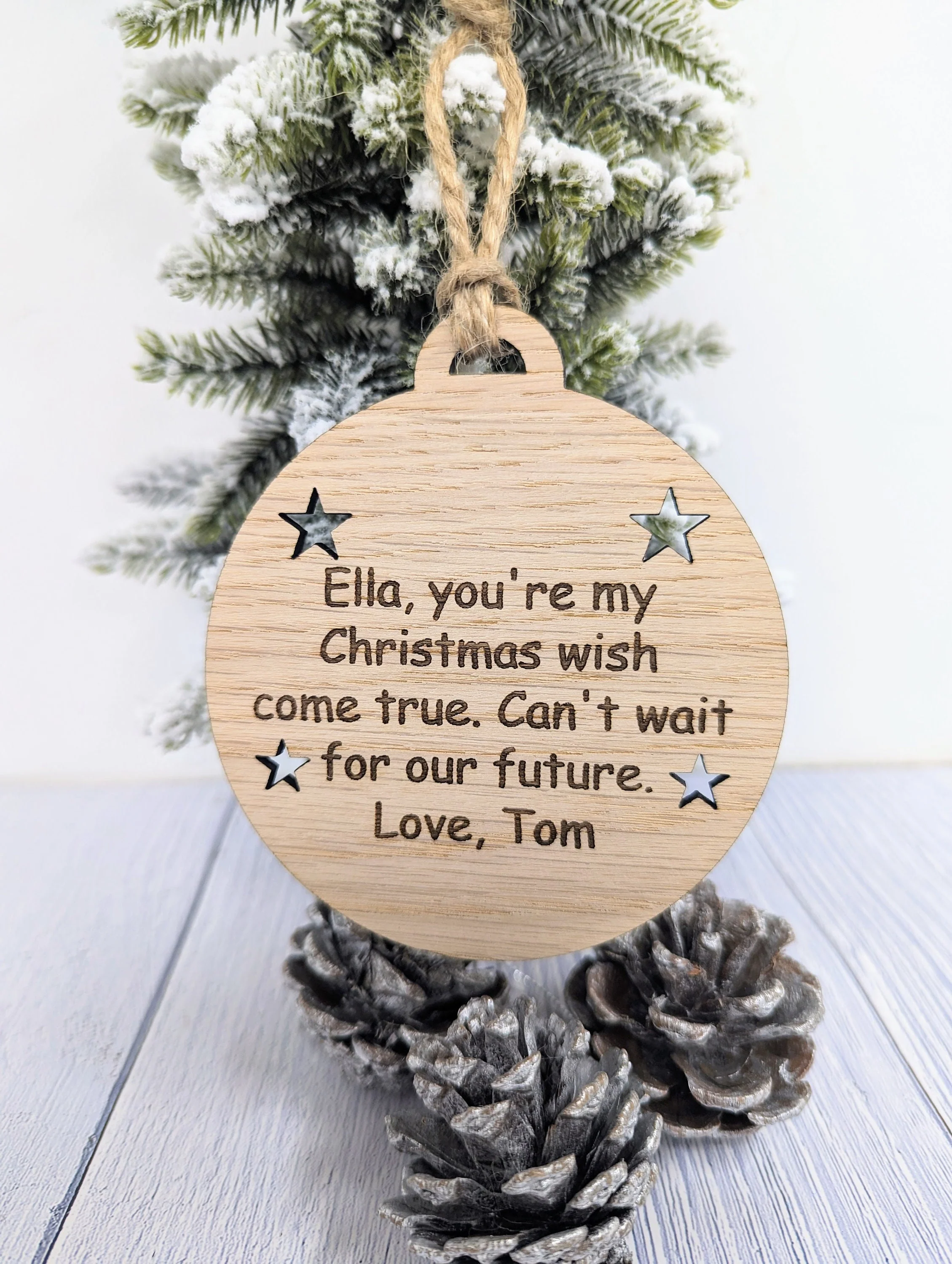 Personalised 'Message in a Bauble' Christmas Ornament - Heart or Star Cut-Outs - Oak Veneer - Rustic Jute String - Image 2