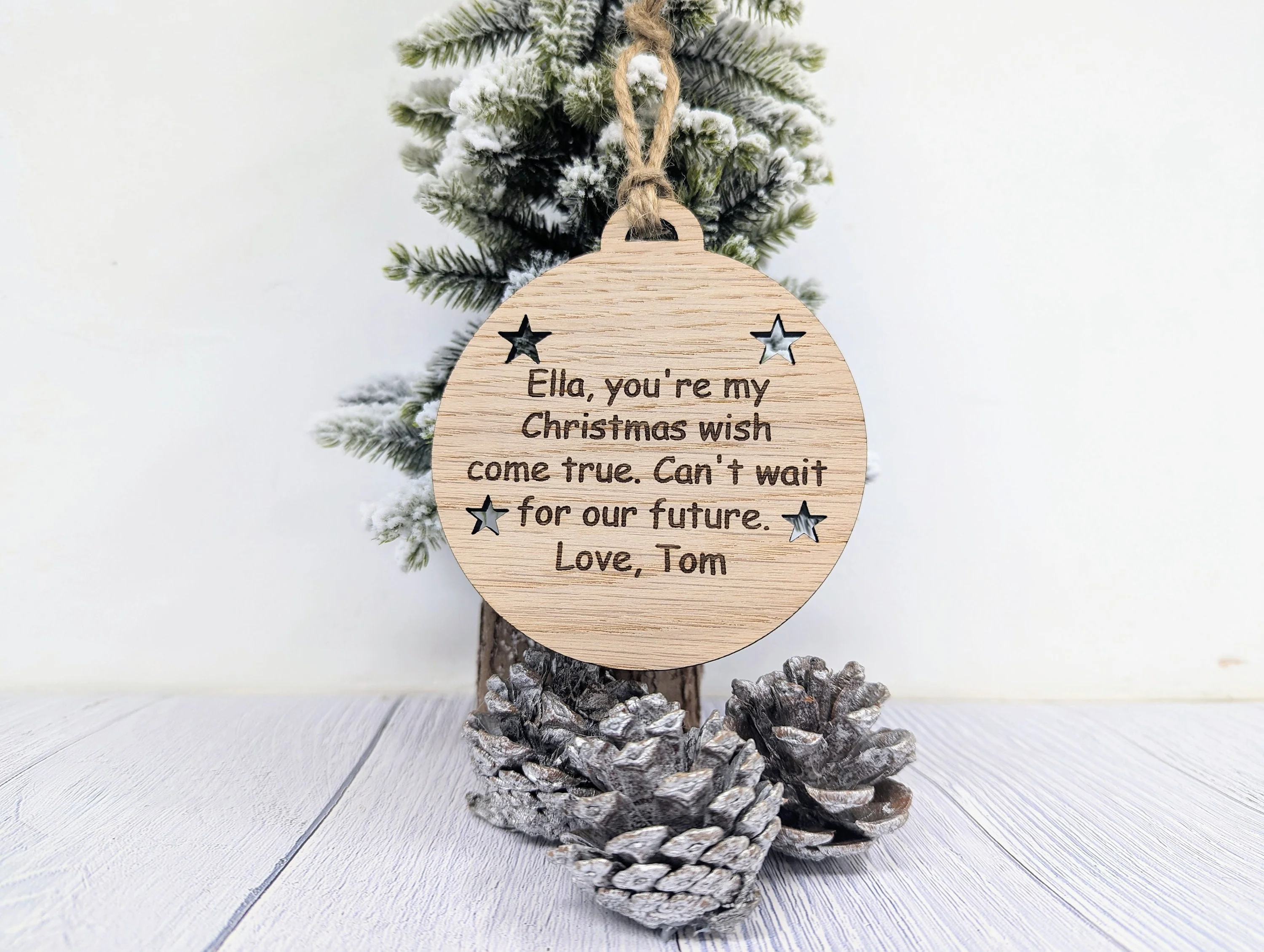 Personalised 'Message in a Bauble' Christmas Ornament - Heart or Star Cut-Outs - Oak Veneer - Rustic Jute String - Image 5