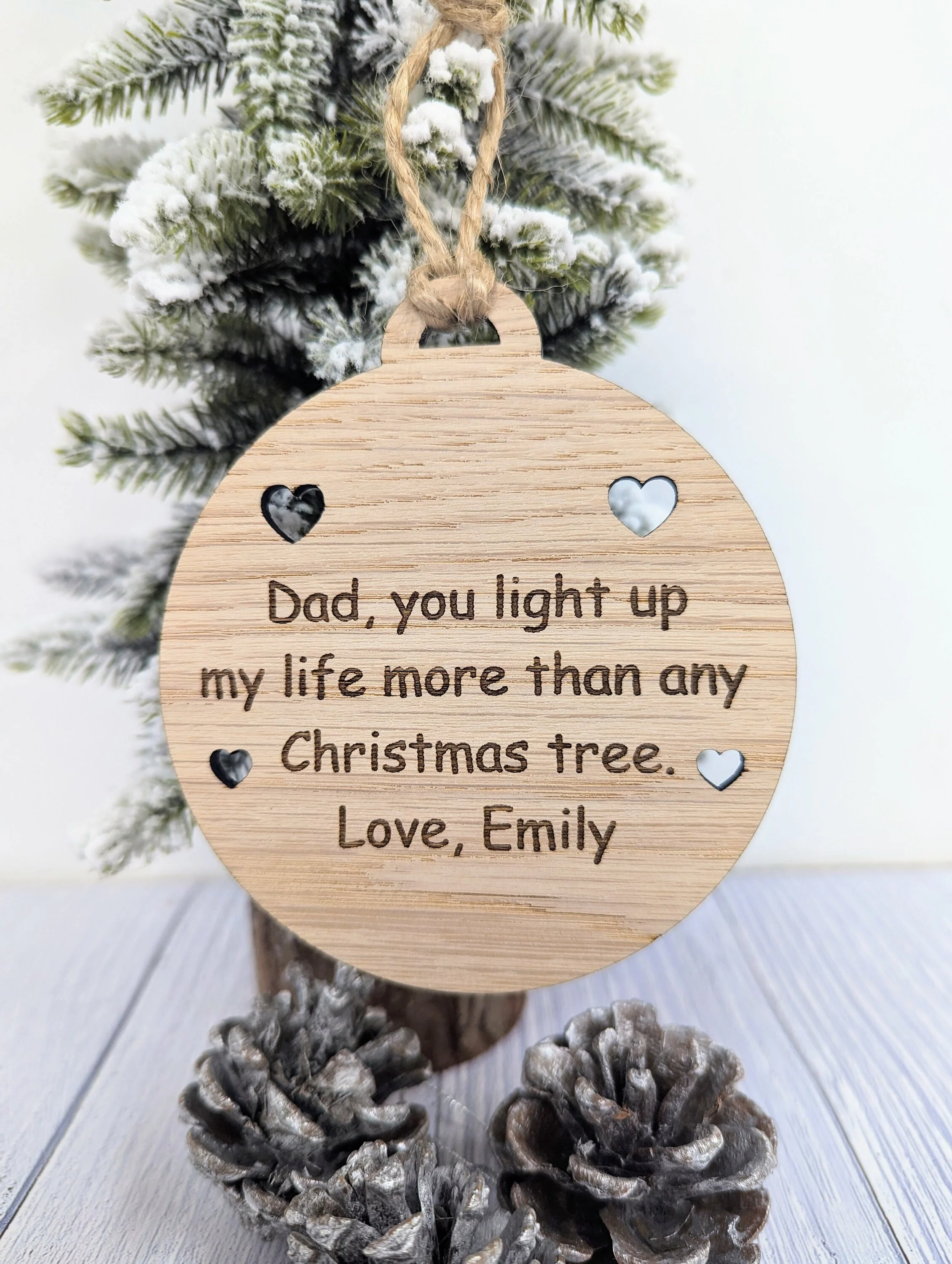 Personalised 'Message in a Bauble' Christmas Ornament - Heart or Star Cut-Outs - Oak Veneer - Rustic Jute String - Image 6