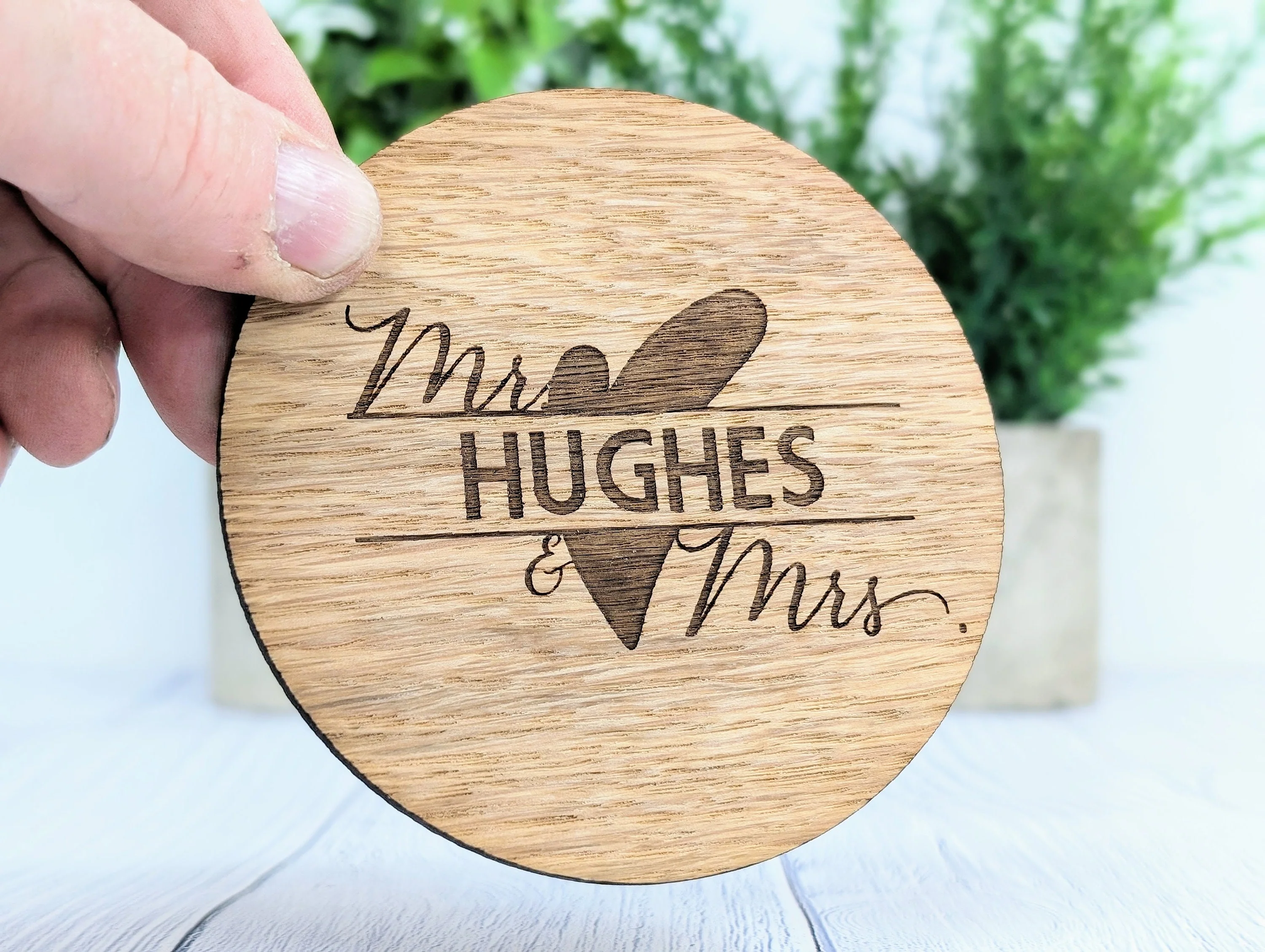 Personalised Mr & Mrs Wedding Day Wooden Coasters - Round, 100mm Diameter, with Custom Names and Date - Unique Oak Veneered Wedding Favours - Image 6