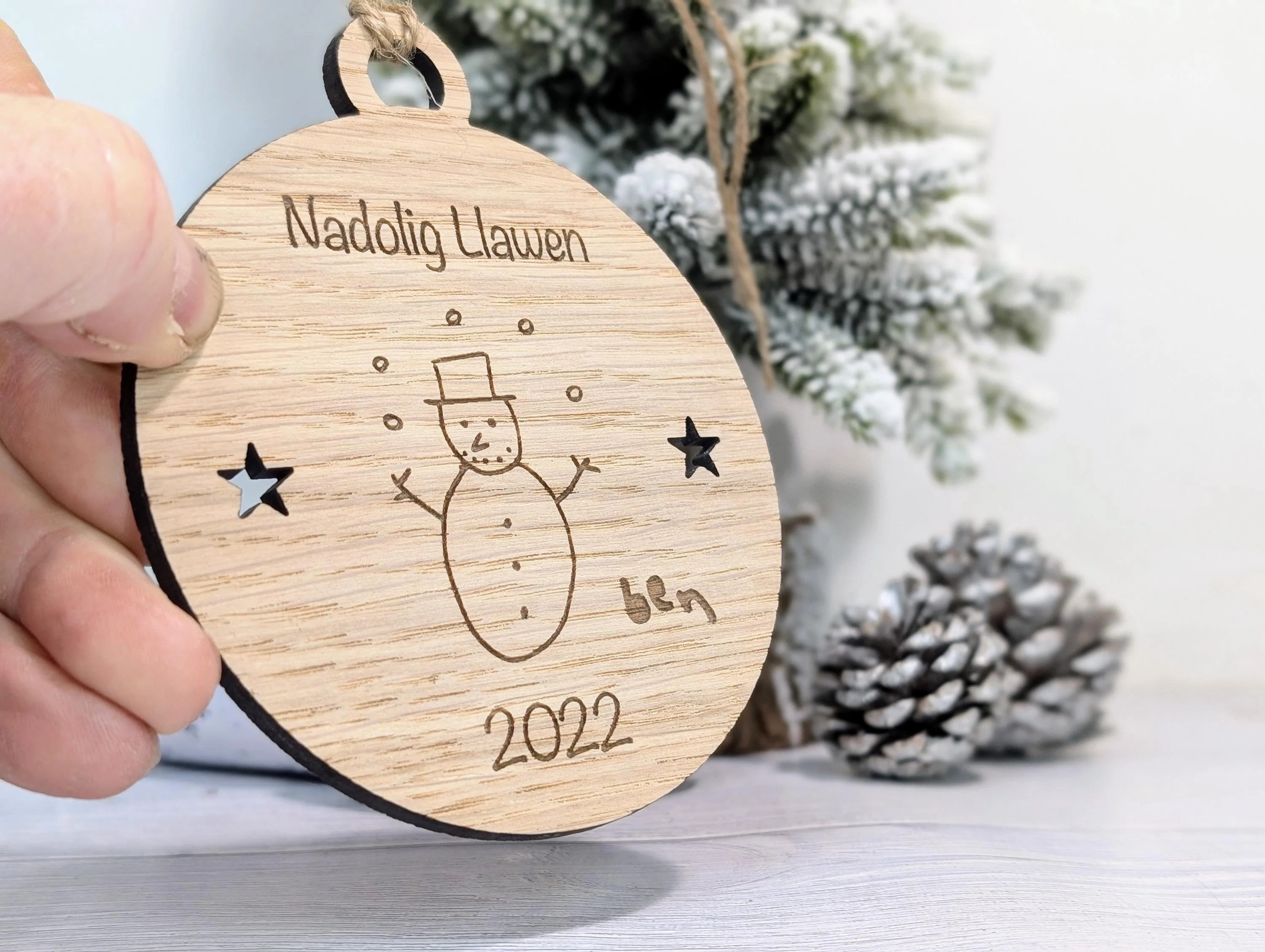 Personalised "Nadolig Llawen" Bauble - Design Your Own Bauble - Send Your Drawing, Welsh Custom Christmas Decoration in Oak Veneer - Xmas - Image 2