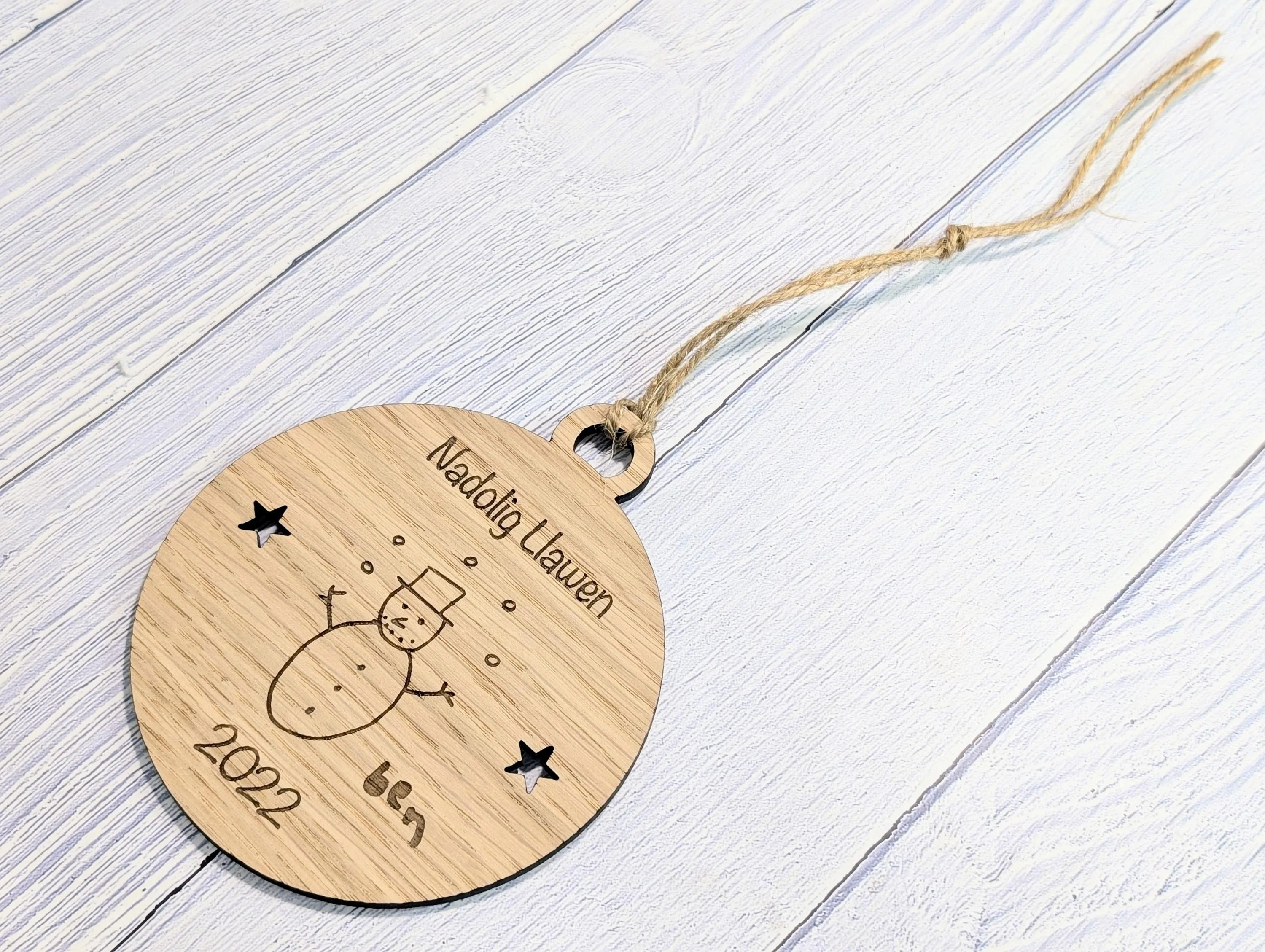 Personalised "Nadolig Llawen" Bauble - Design Your Own Bauble - Send Your Drawing, Welsh Custom Christmas Decoration in Oak Veneer - Xmas - Image 3