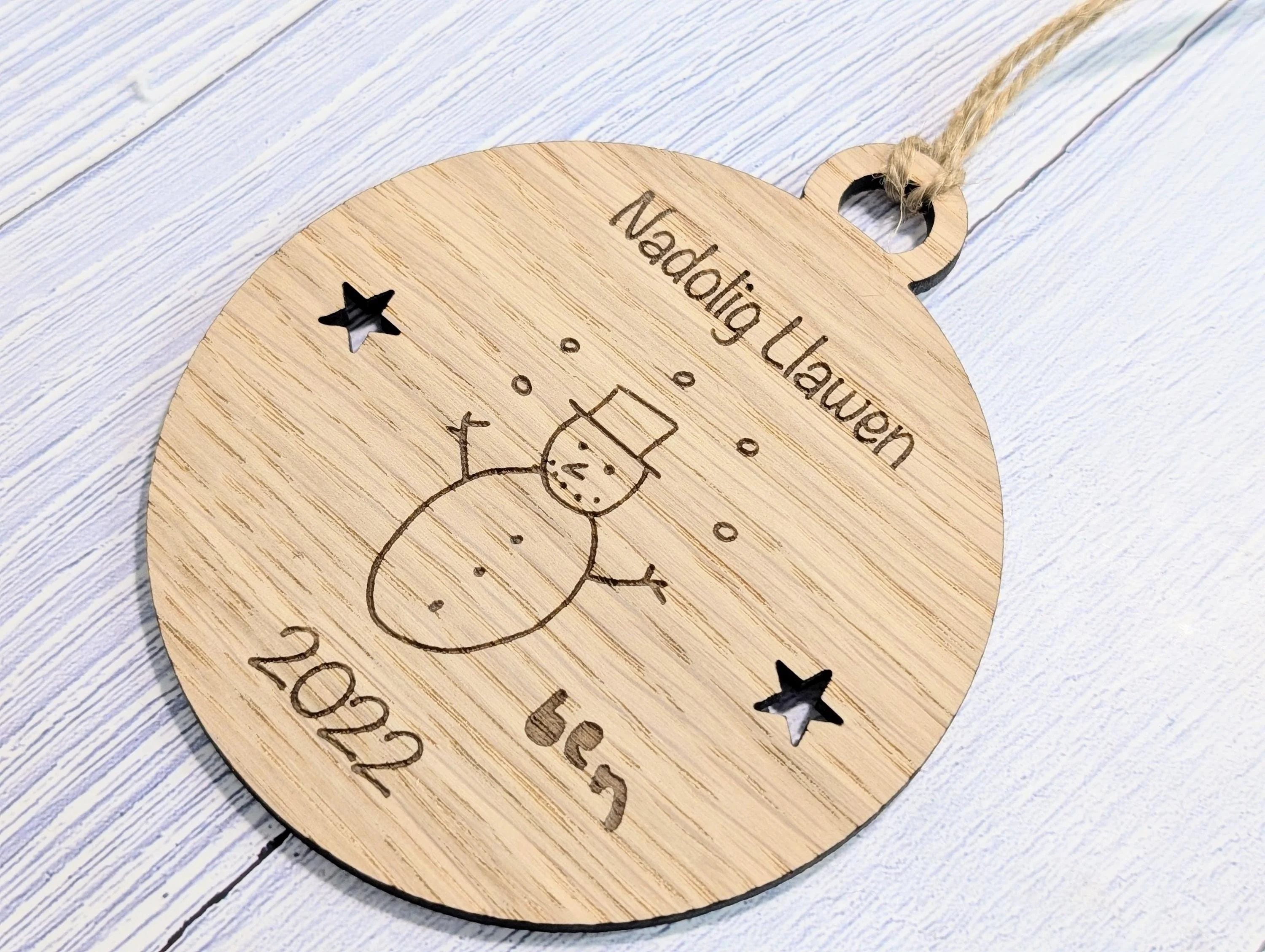 Personalised "Nadolig Llawen" Bauble - Design Your Own Bauble - Send Your Drawing, Welsh Custom Christmas Decoration in Oak Veneer - Xmas - Image 4