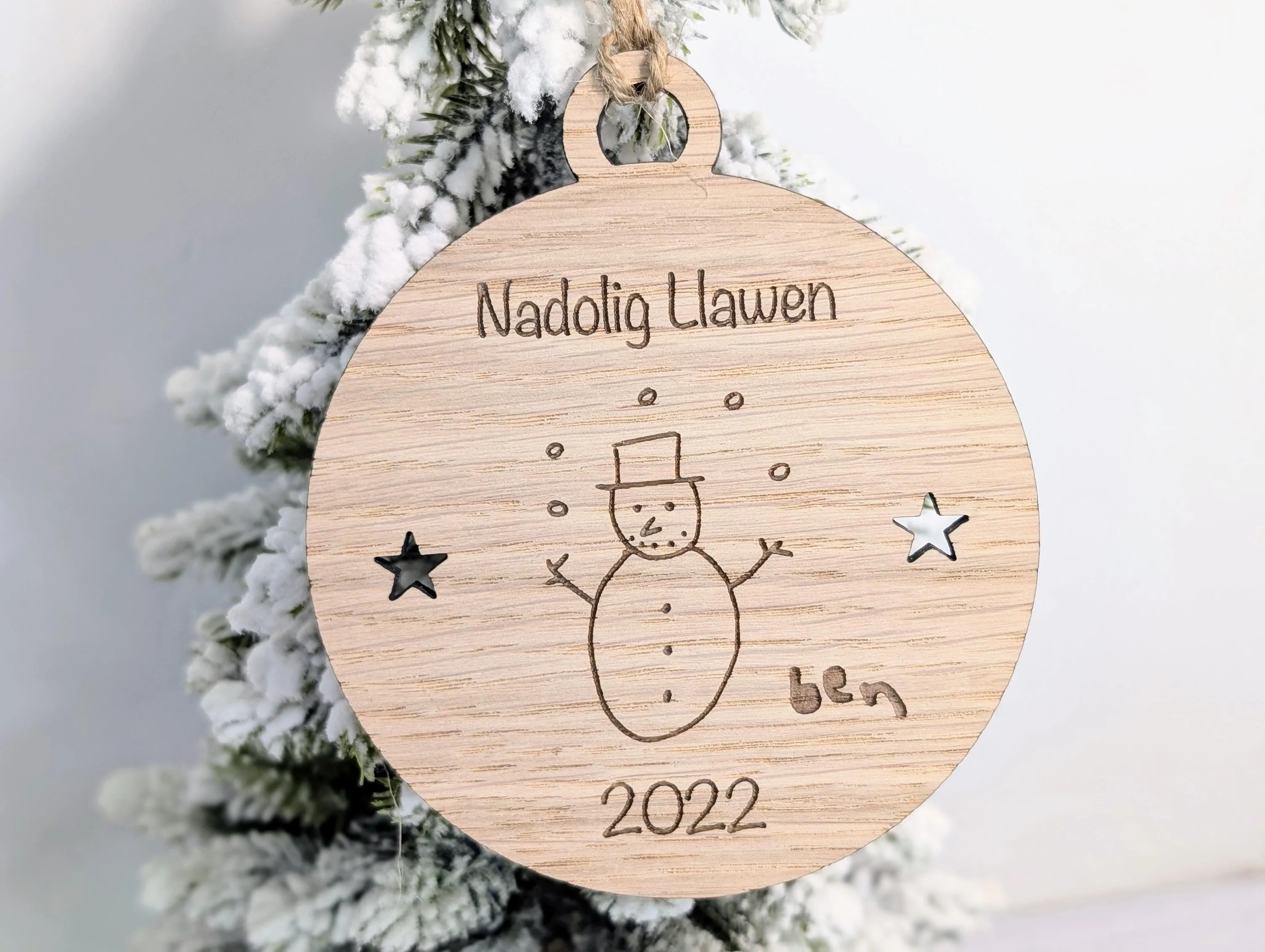 Personalised "Nadolig Llawen" Bauble - Design Your Own Bauble - Send Your Drawing, Welsh Custom Christmas Decoration in Oak Veneer - Xmas - Image 6