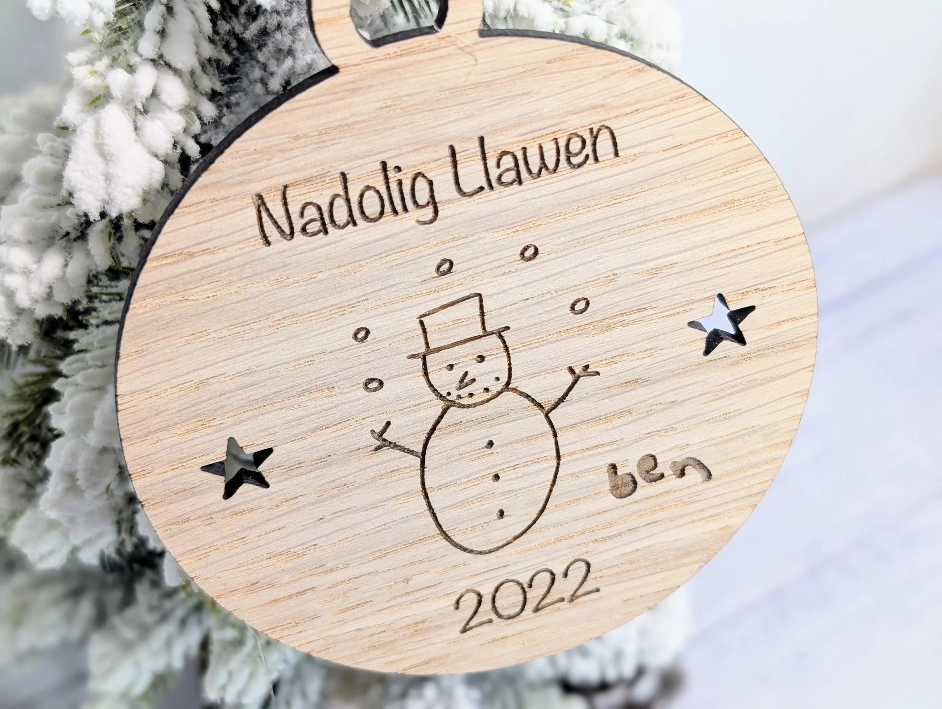 Personalised "Nadolig Llawen" Bauble - Design Your Own Bauble - Send Your Drawing, Welsh Custom Christmas Decoration in Oak Veneer - Xmas - Image 7