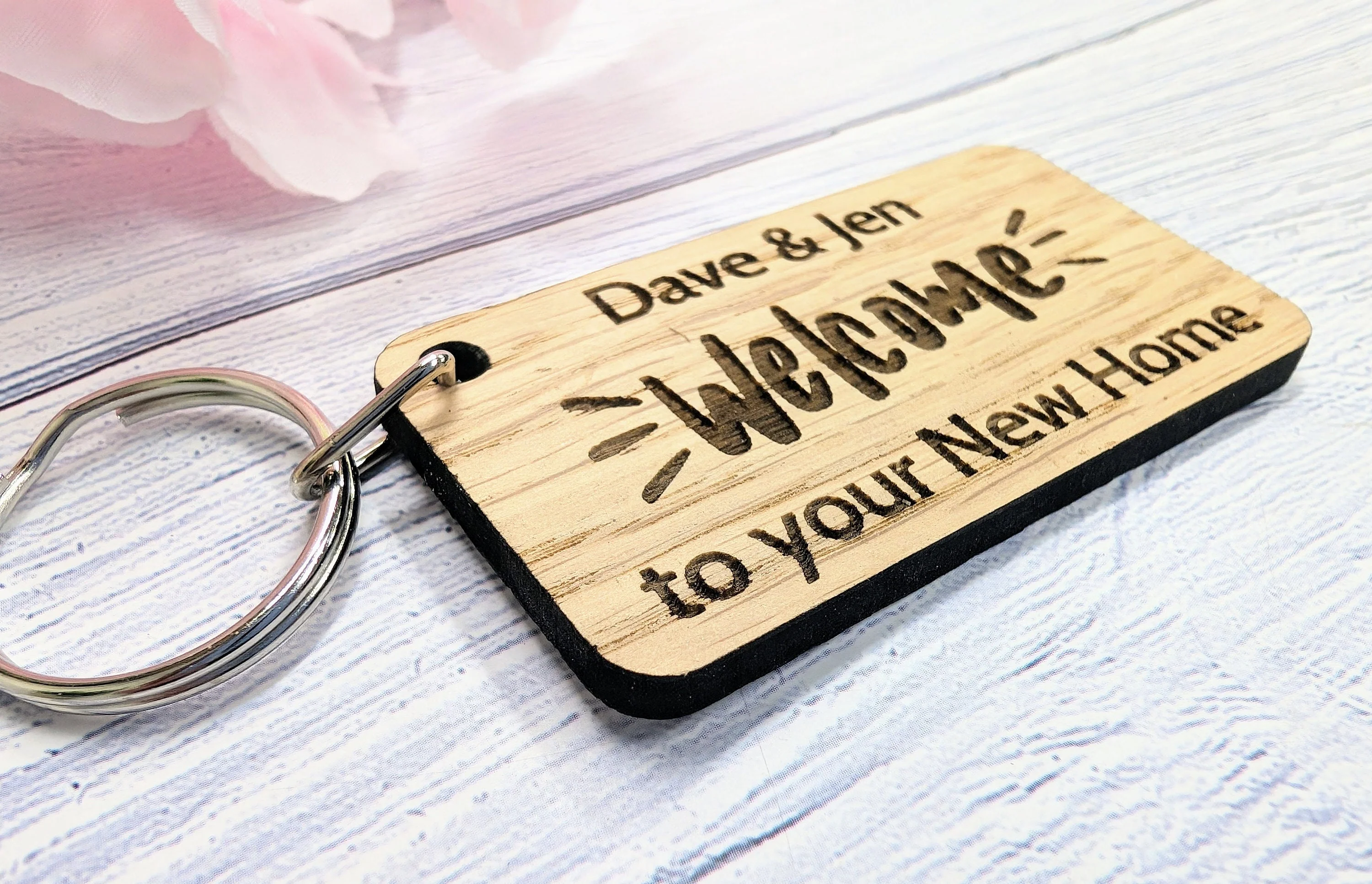 Personalised New Home Keyrings - Oak Veneer - Custom New Homeowner Keyrings, 65mm x 35mm, Perfect Housewarming Gift, First Home, Moving In - Image 2