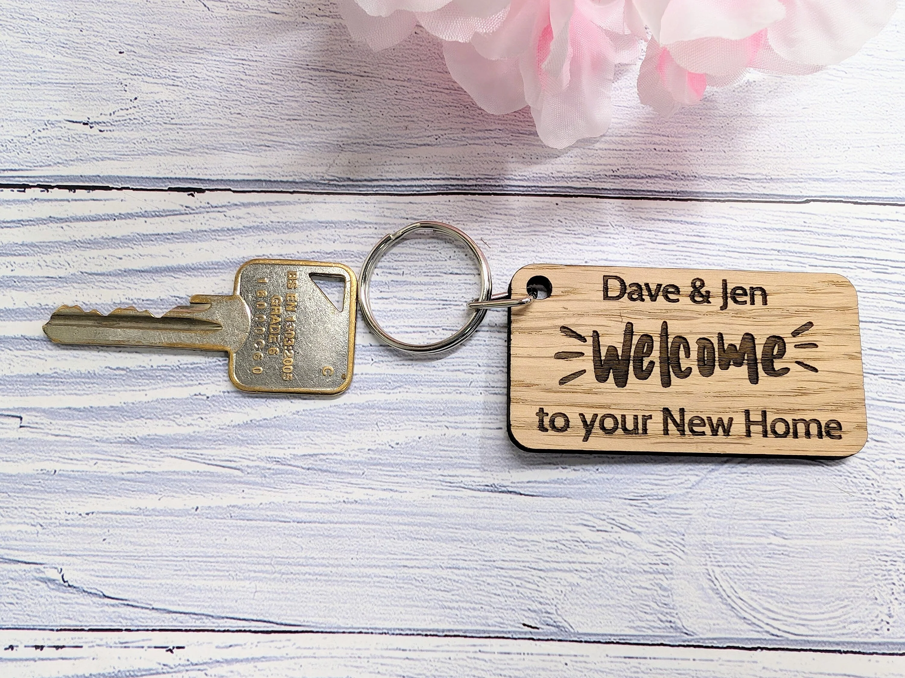 Personalised New Home Keyrings - Oak Veneer - Custom New Homeowner Keyrings, 65mm x 35mm, Perfect Housewarming Gift, First Home, Moving In - Image 3