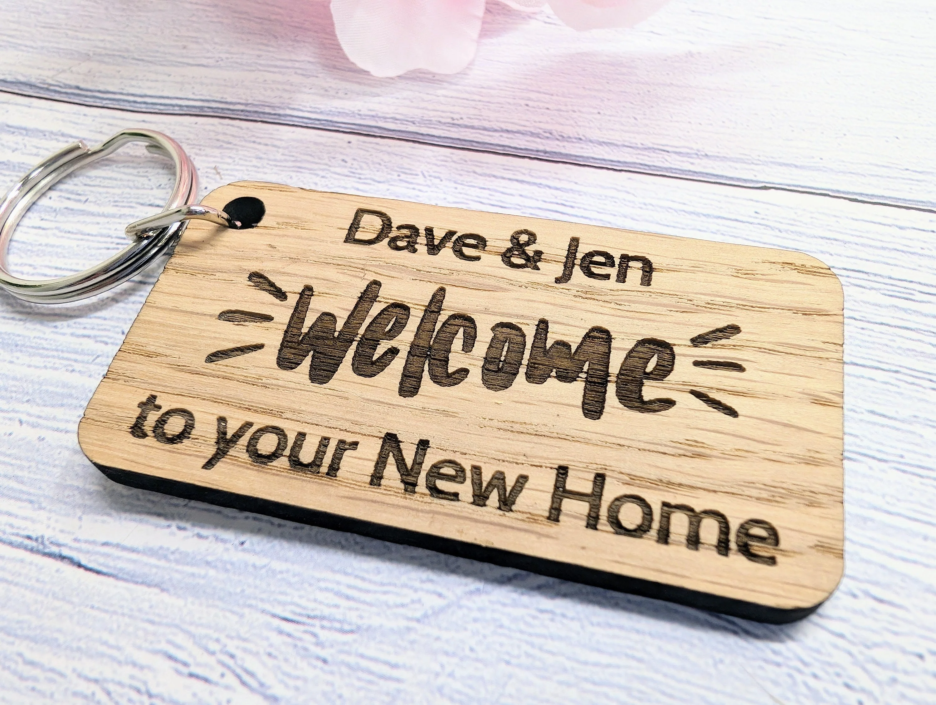 Personalised New Home Keyrings - Oak Veneer - Custom New Homeowner Keyrings, 65mm x 35mm, Perfect Housewarming Gift, First Home, Moving In - Image 4