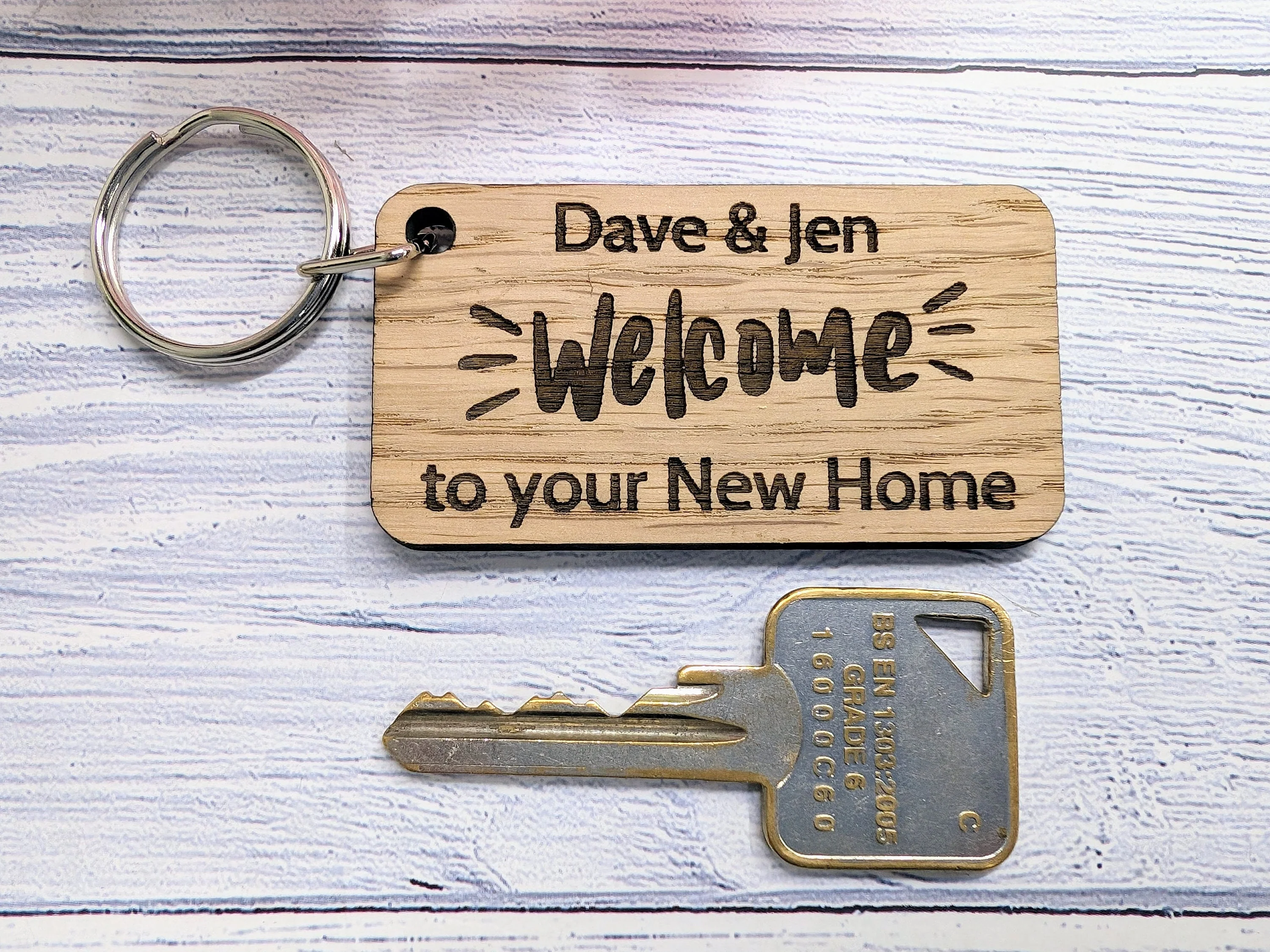 Personalised New Home Keyrings - Oak Veneer - Custom New Homeowner Keyrings, 65mm x 35mm, Perfect Housewarming Gift, First Home, Moving In - Image 6