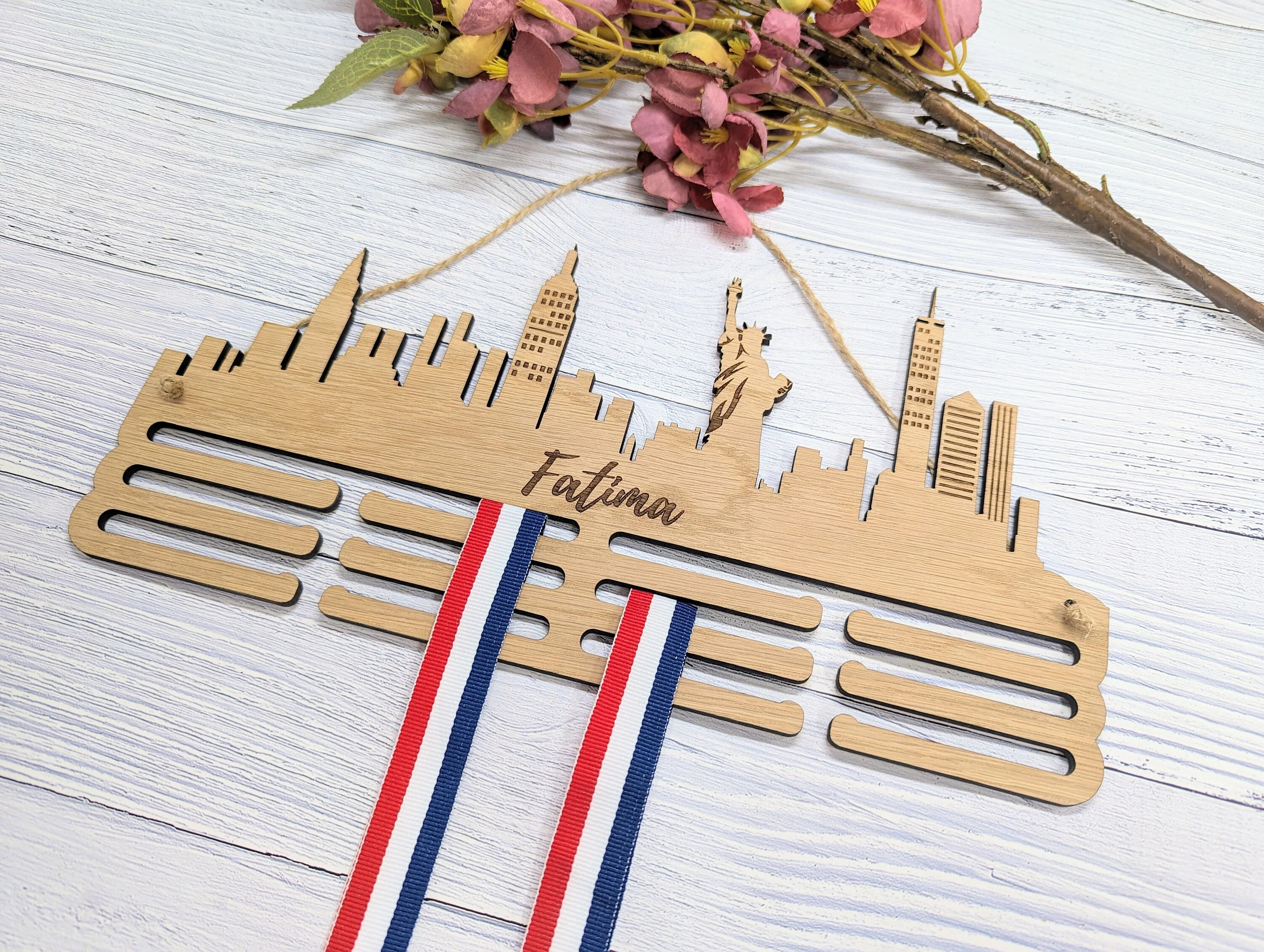 Personalised New York Skyline Wooden Medal Hanger | Engraved Sports Medal Display | Oak Veneer, Marathon Runner, Athlete etc - Image 3