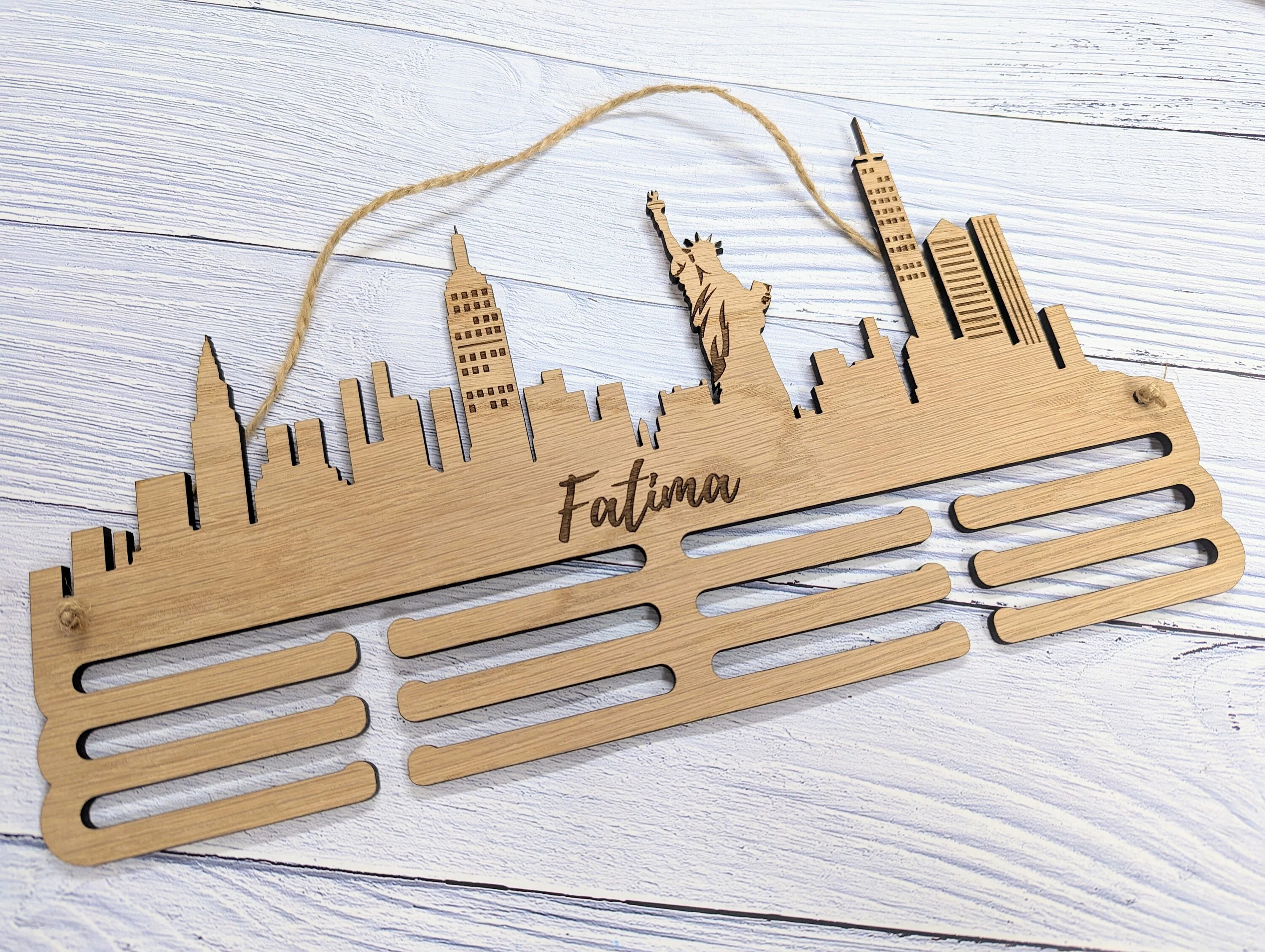 Personalised New York Skyline Wooden Medal Hanger | Engraved Sports Medal Display | Oak Veneer, Marathon Runner, Athlete etc - Image 4