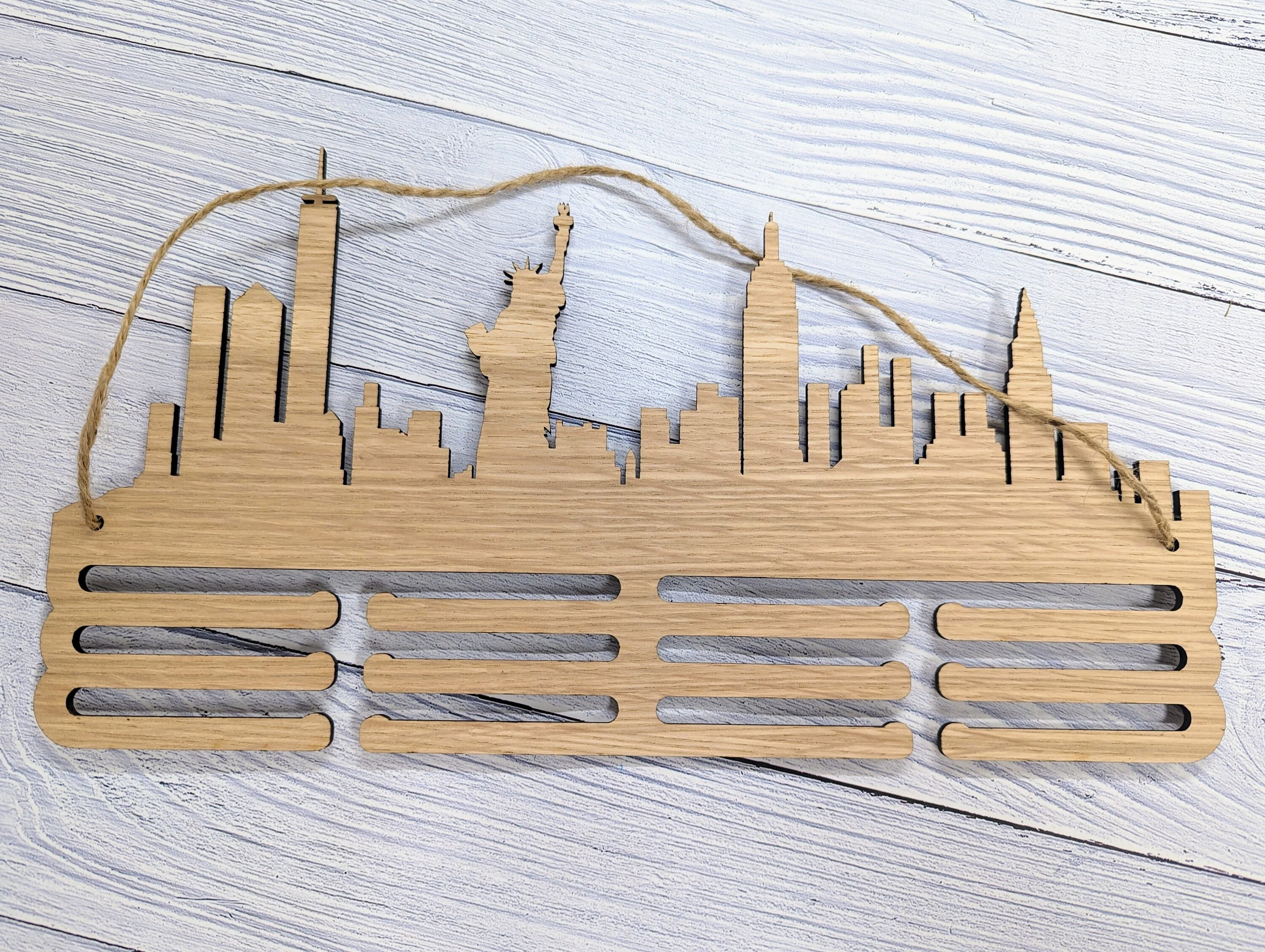 Personalised New York Skyline Wooden Medal Hanger | Engraved Sports Medal Display | Oak Veneer, Marathon Runner, Athlete etc - Image 5