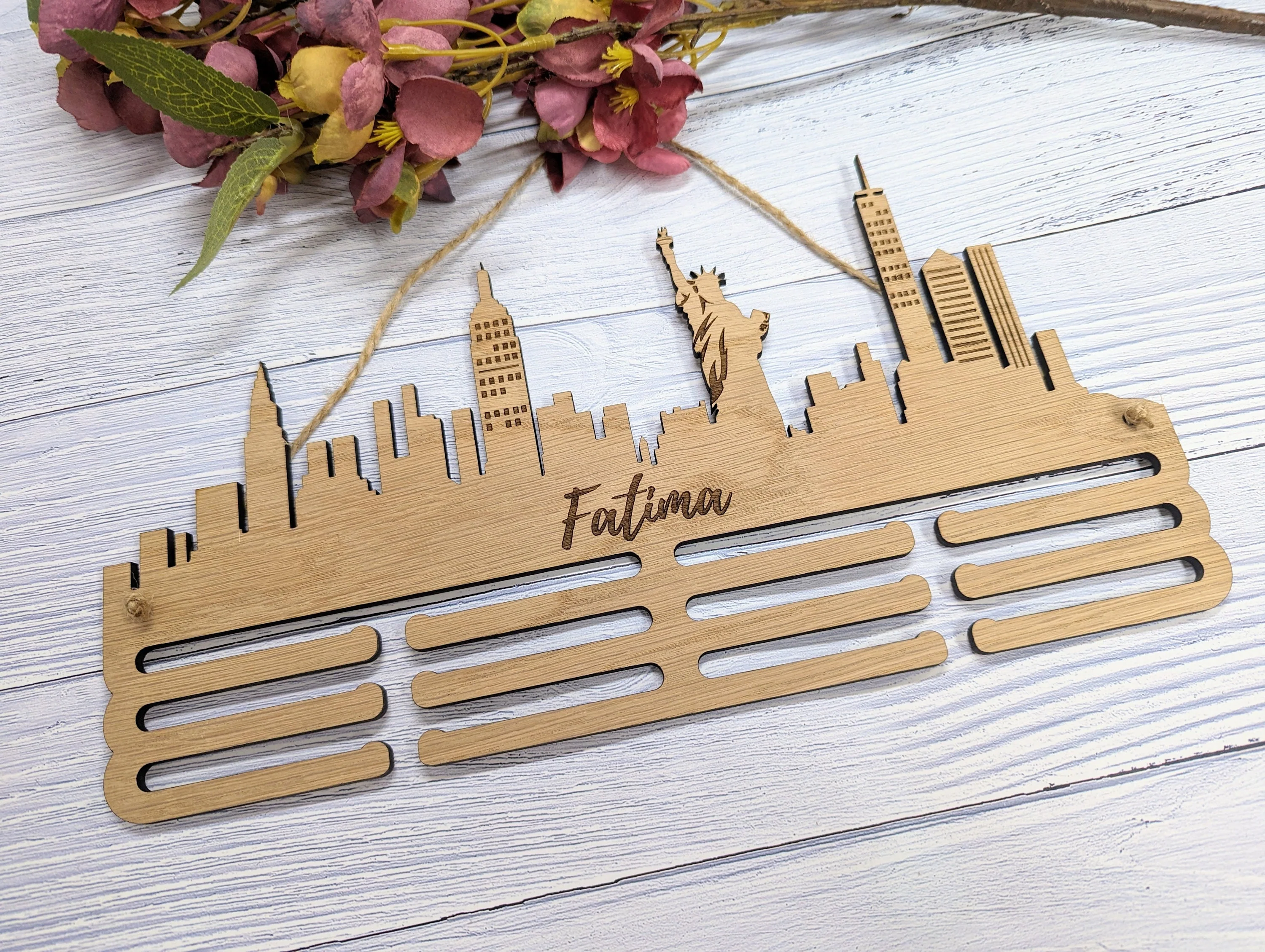 Personalised New York Skyline Wooden Medal Hanger | Engraved Sports Medal Display | Oak Veneer, Marathon Runner, Athlete etc - Image 6