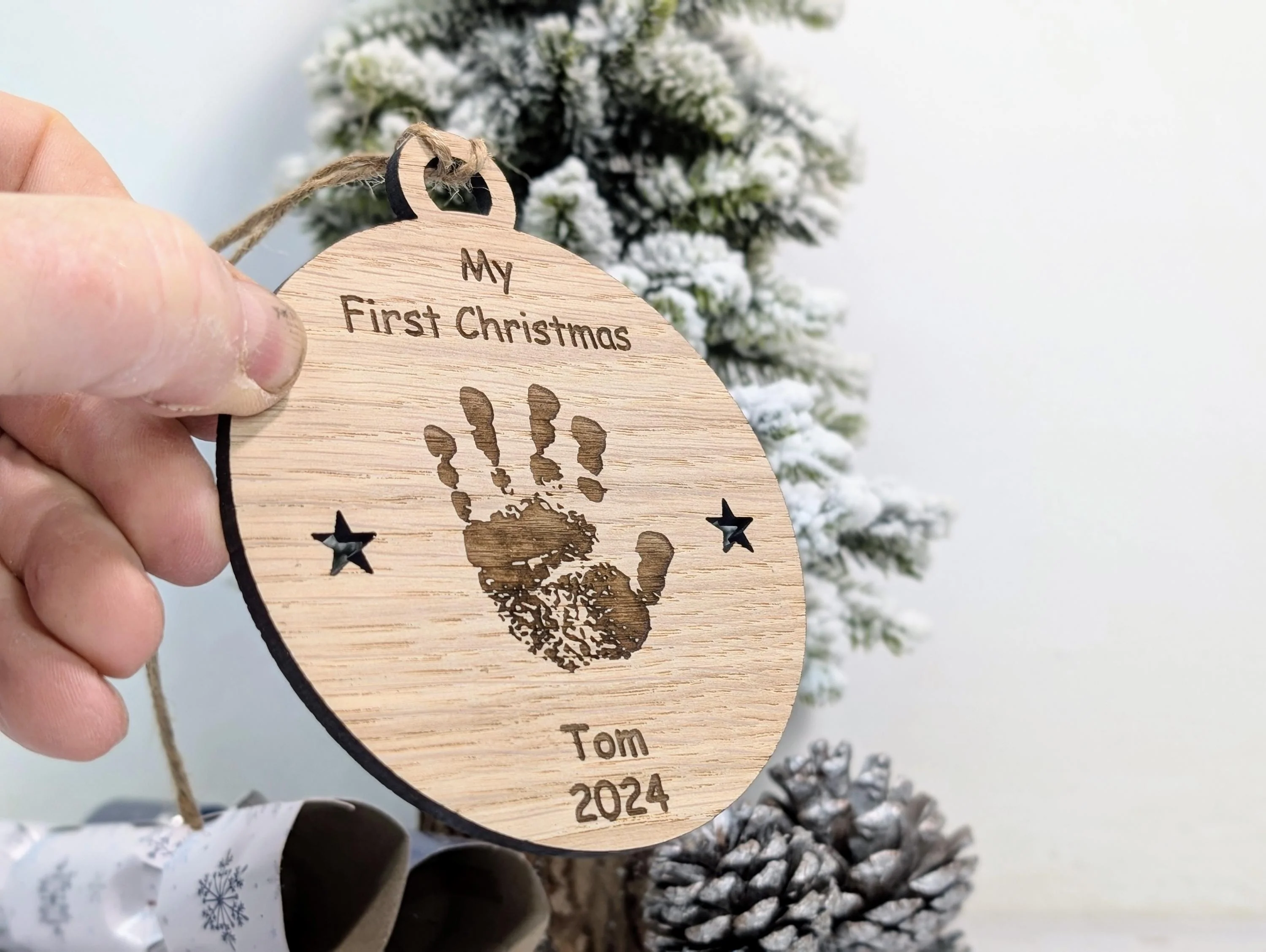 Personalised Oak Baby Handprint Bauble - Baby’s First Christmas Ornament - Custom Baby Keepsake New Parents - Oak Wood Christmas Decoration - Image 2