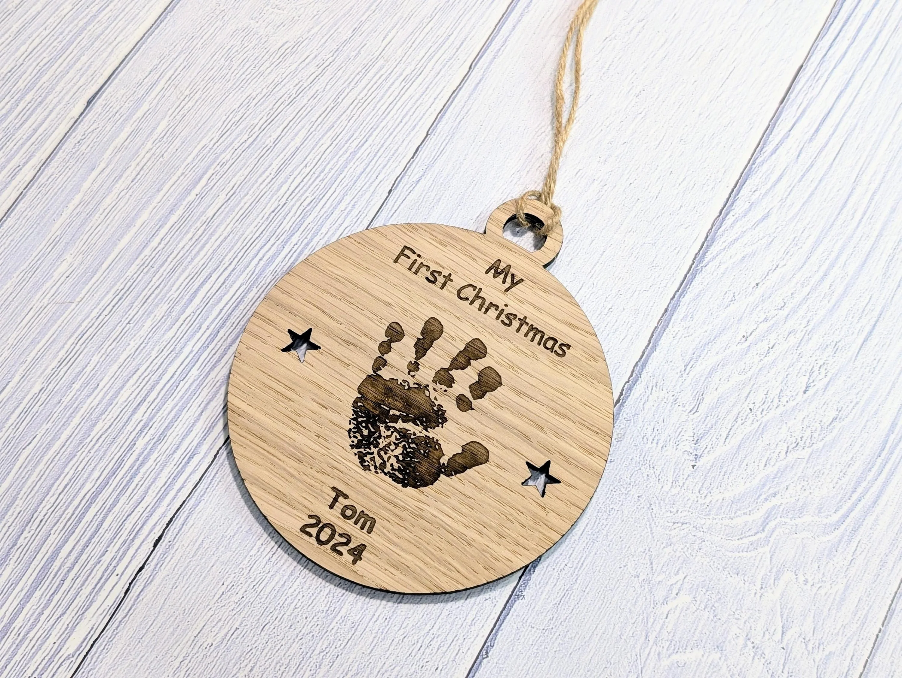 Personalised Oak Baby Handprint Bauble - Baby’s First Christmas Ornament - Custom Baby Keepsake New Parents - Oak Wood Christmas Decoration - Image 4