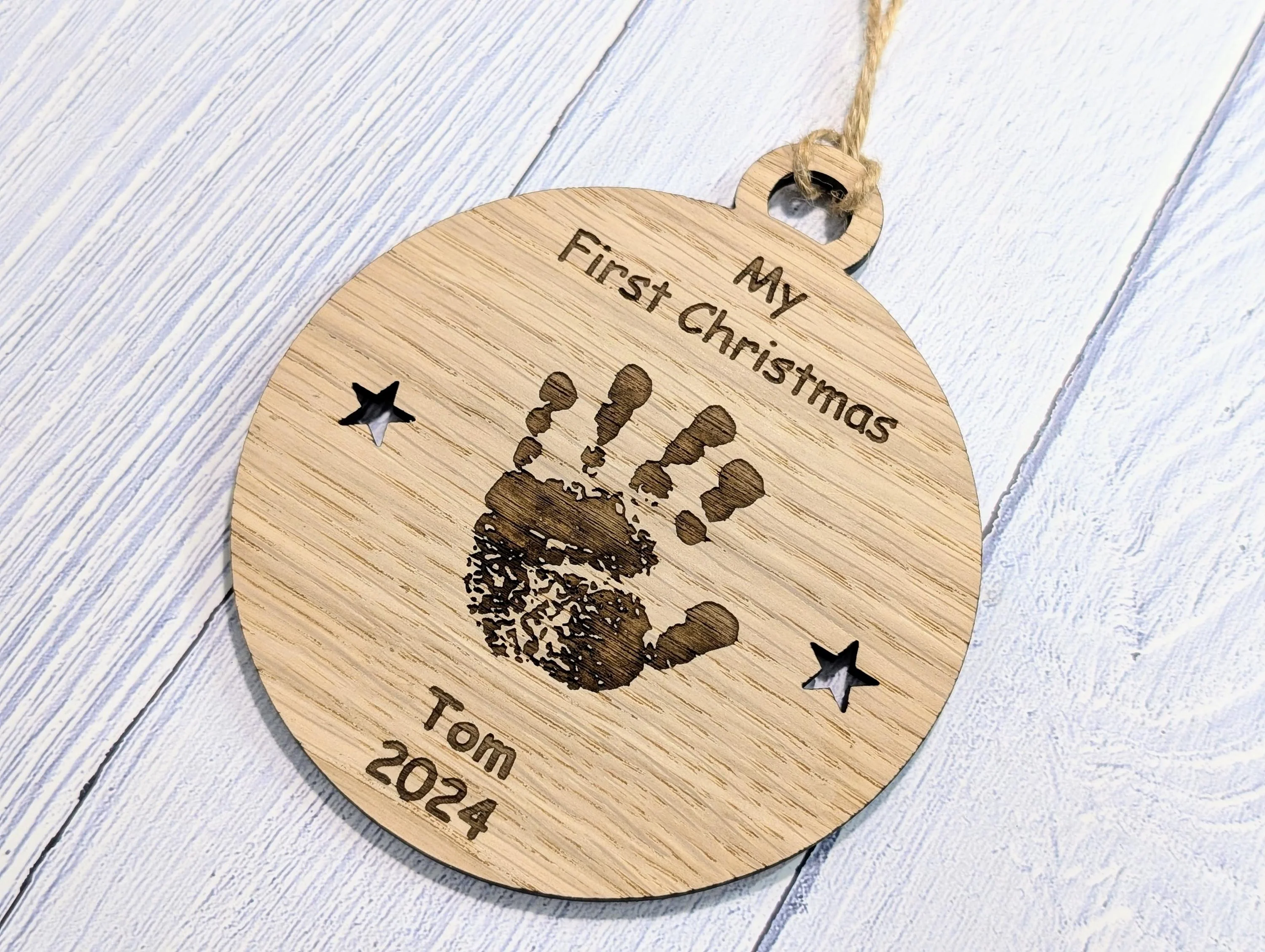 Personalised Oak Baby Handprint Bauble - Baby’s First Christmas Ornament - Custom Baby Keepsake New Parents - Oak Wood Christmas Decoration - Image 5