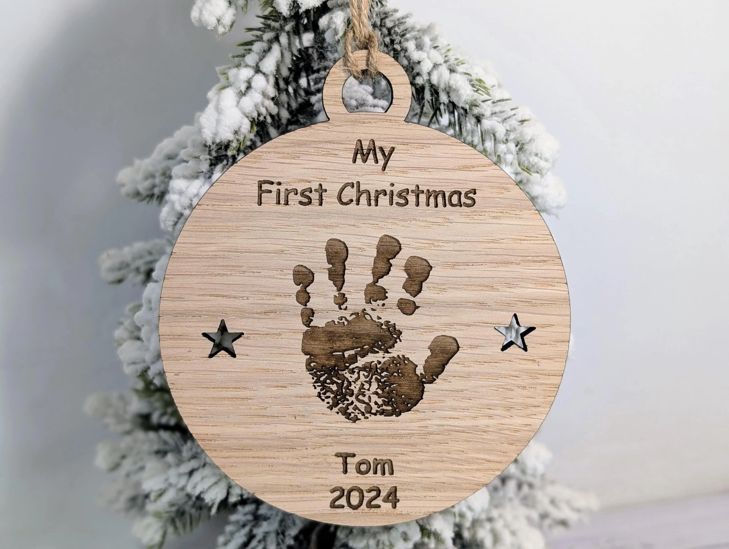 Personalised Oak Baby Handprint Bauble - Baby’s First Christmas Ornament - Custom Baby Keepsake New Parents - Oak Wood Christmas Decoration - Image 7