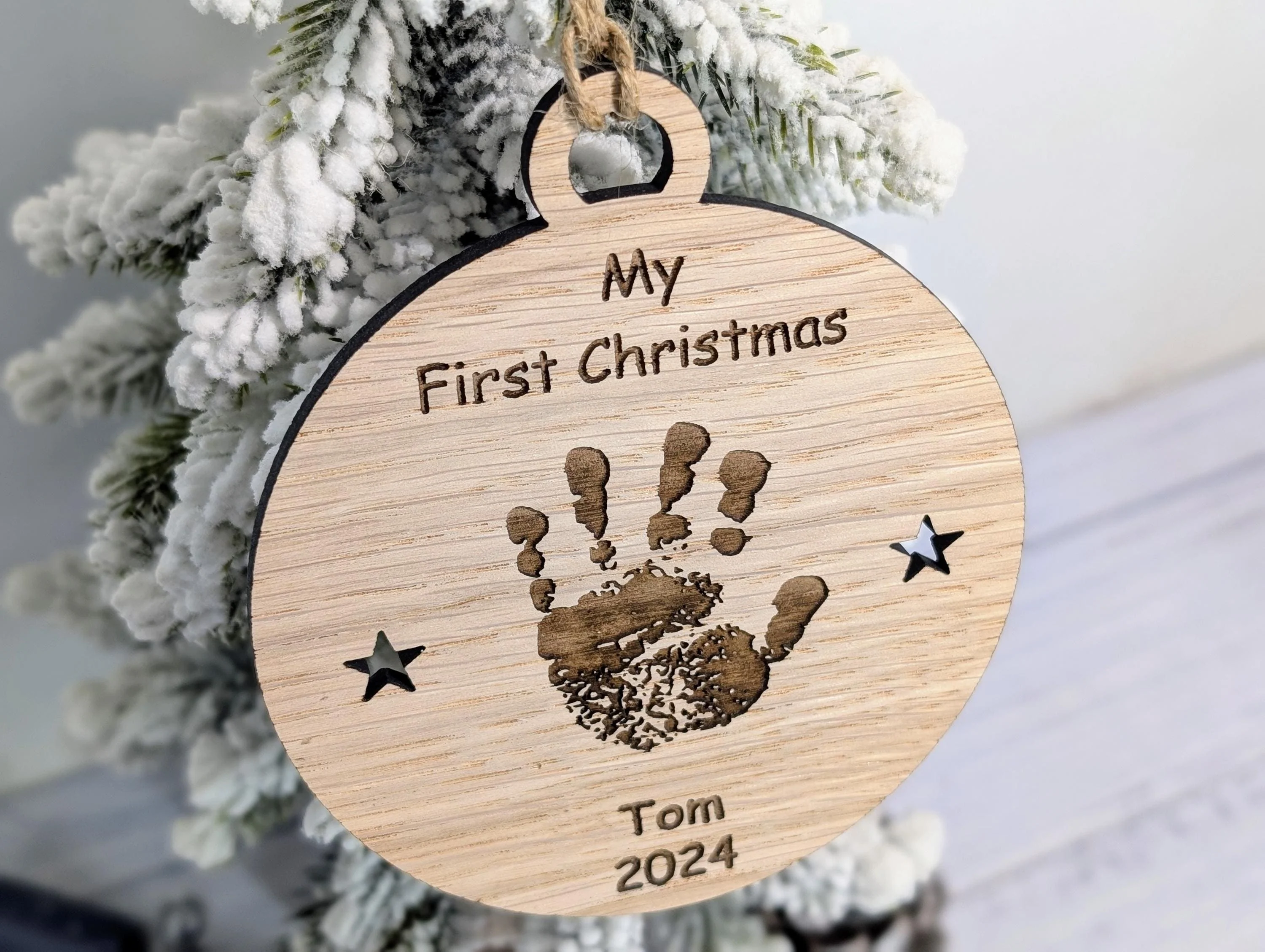 Personalised Oak Baby Handprint Bauble - Baby’s First Christmas Ornament - Custom Baby Keepsake New Parents - Oak Wood Christmas Decoration - Image 8