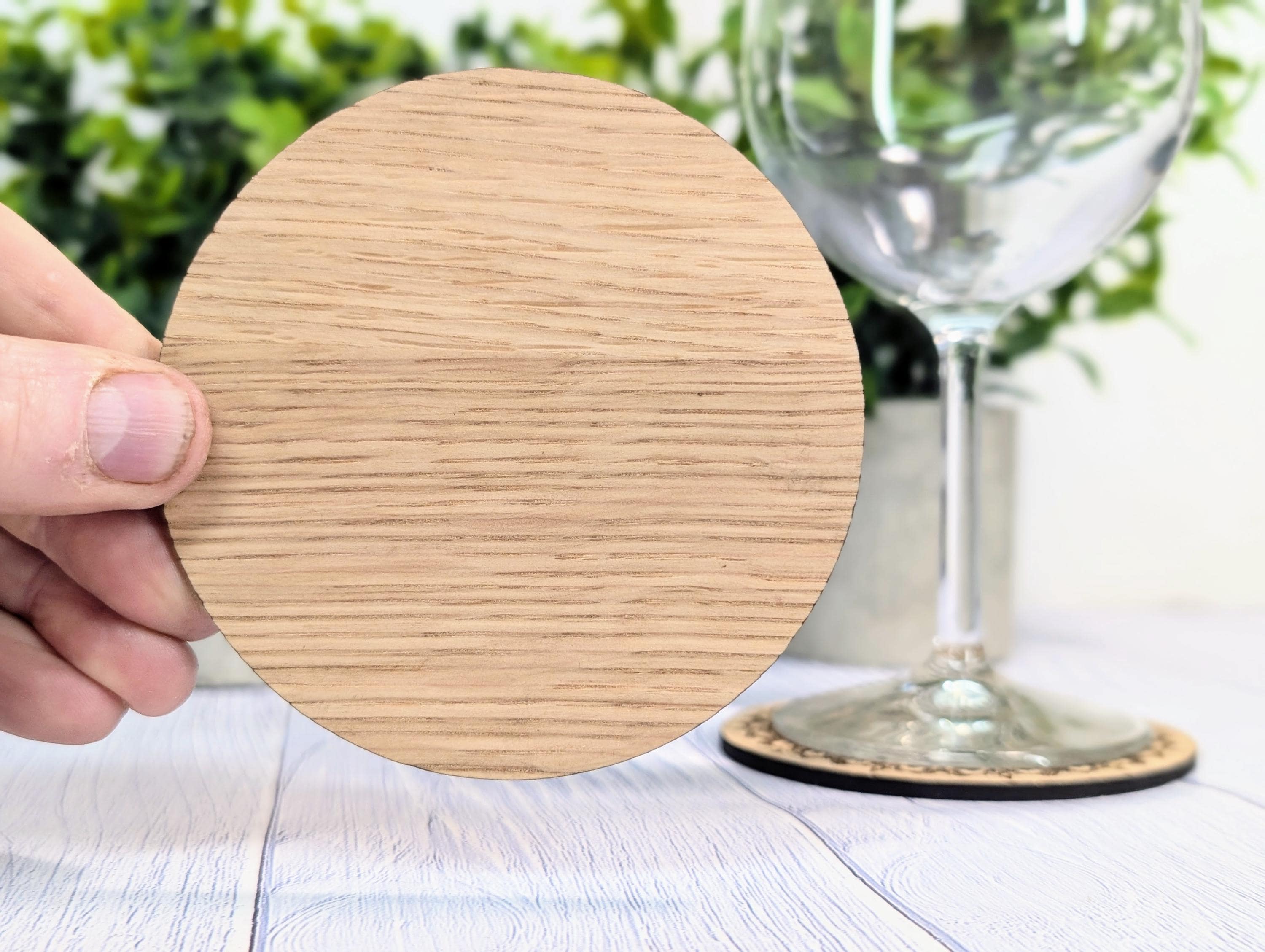Personalised Oak Coasters – Eco-Friendly Gift, Custom Text, Engraved Border – Bespoke Sustainable Craft, Round 100mm Diameter - Image 3