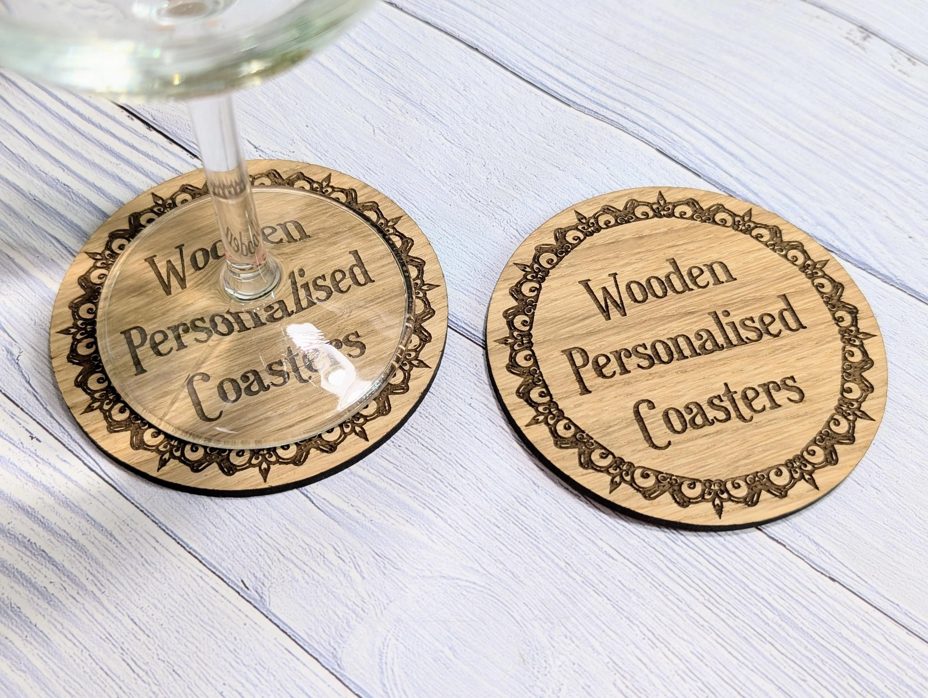 Personalised Oak Coasters – Eco-Friendly Gift, Custom Text, Engraved Border – Bespoke Sustainable Craft, Round 100mm Diameter - Image 4