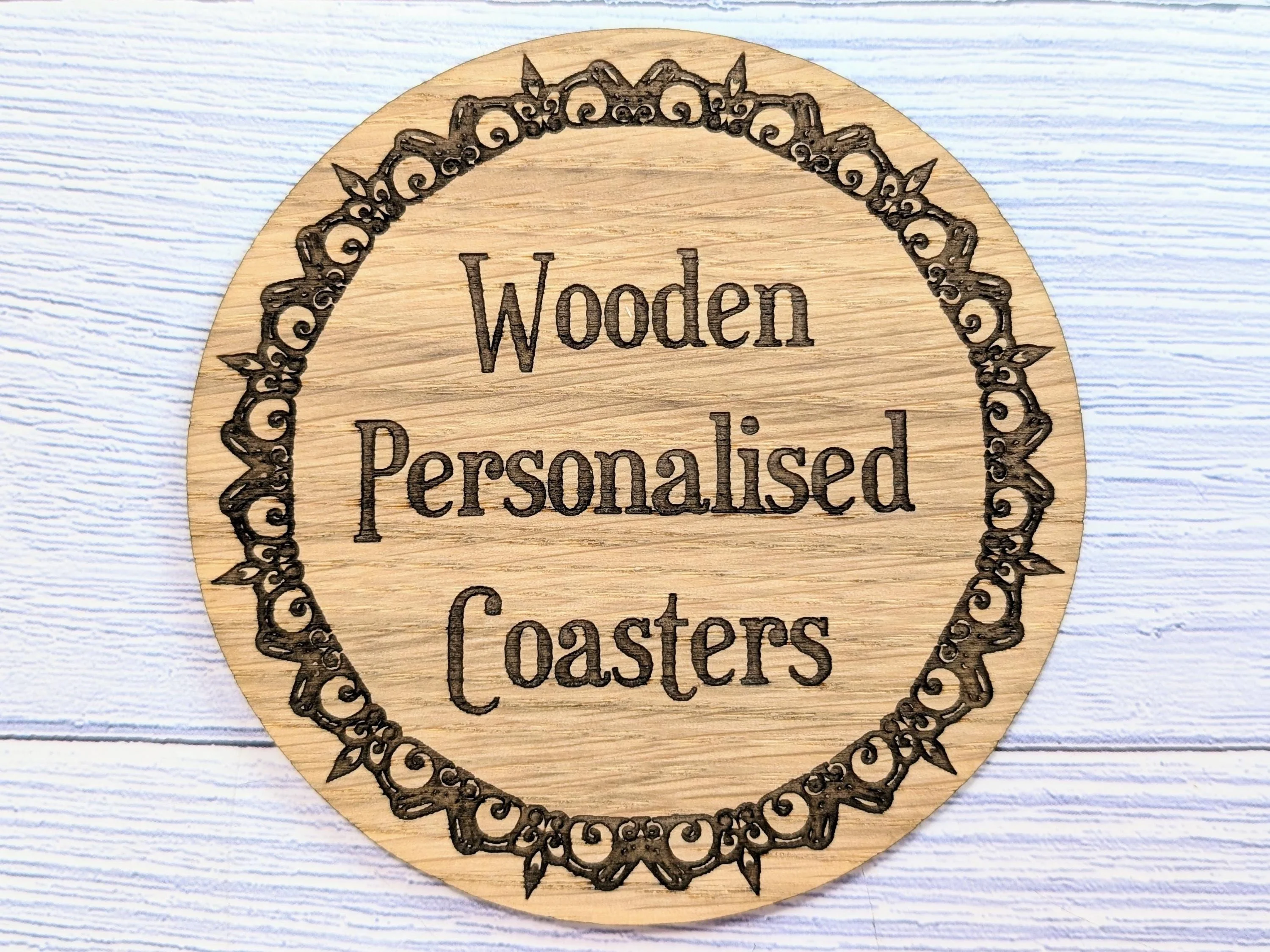 Personalised Oak Coasters – Eco-Friendly Gift, Custom Text, Engraved Border – Bespoke Sustainable Craft, Round 100mm Diameter - Image 5
