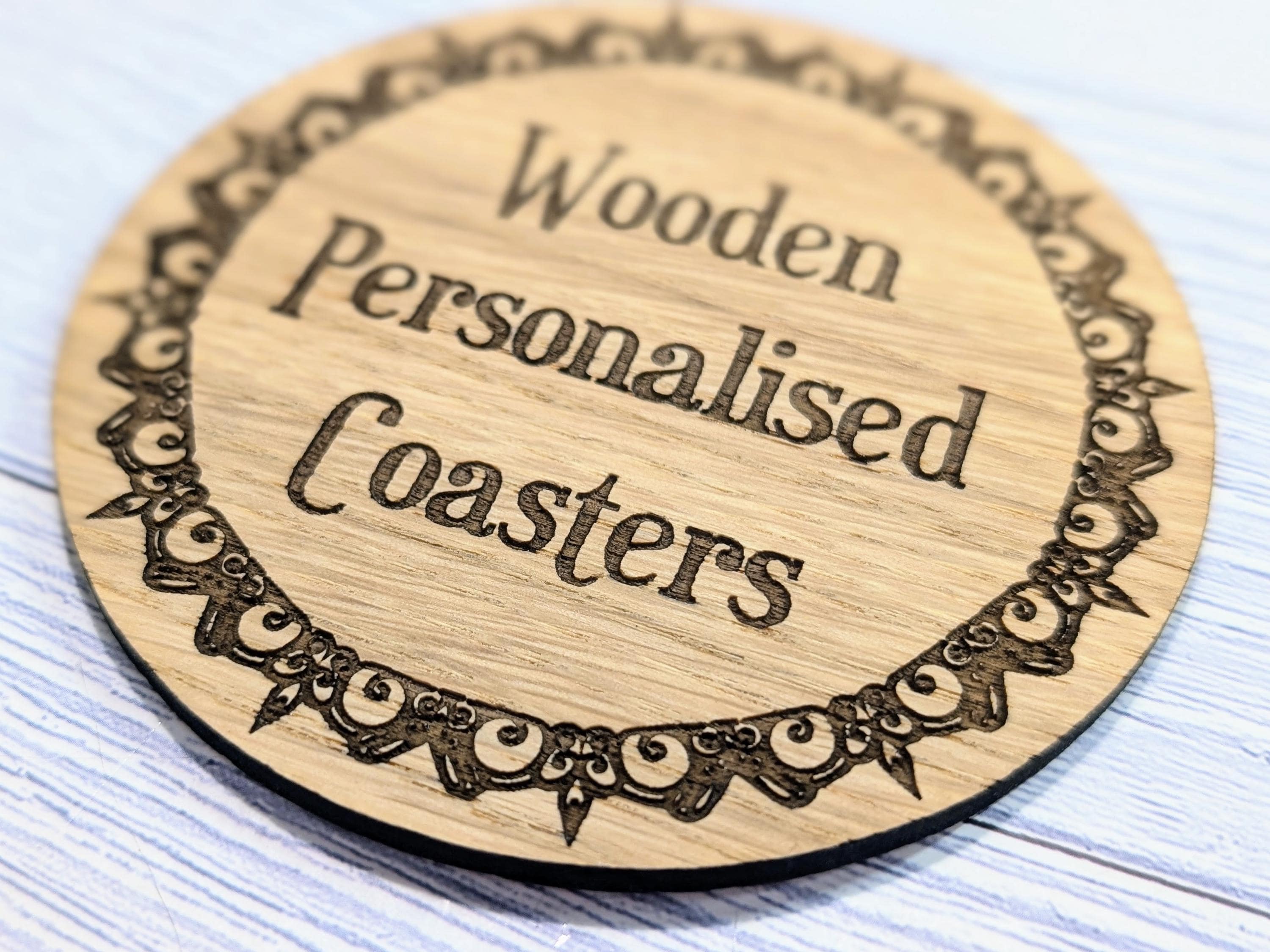 Personalised Oak Coasters – Eco-Friendly Gift, Custom Text, Engraved Border – Bespoke Sustainable Craft, Round 100mm Diameter - Image 6