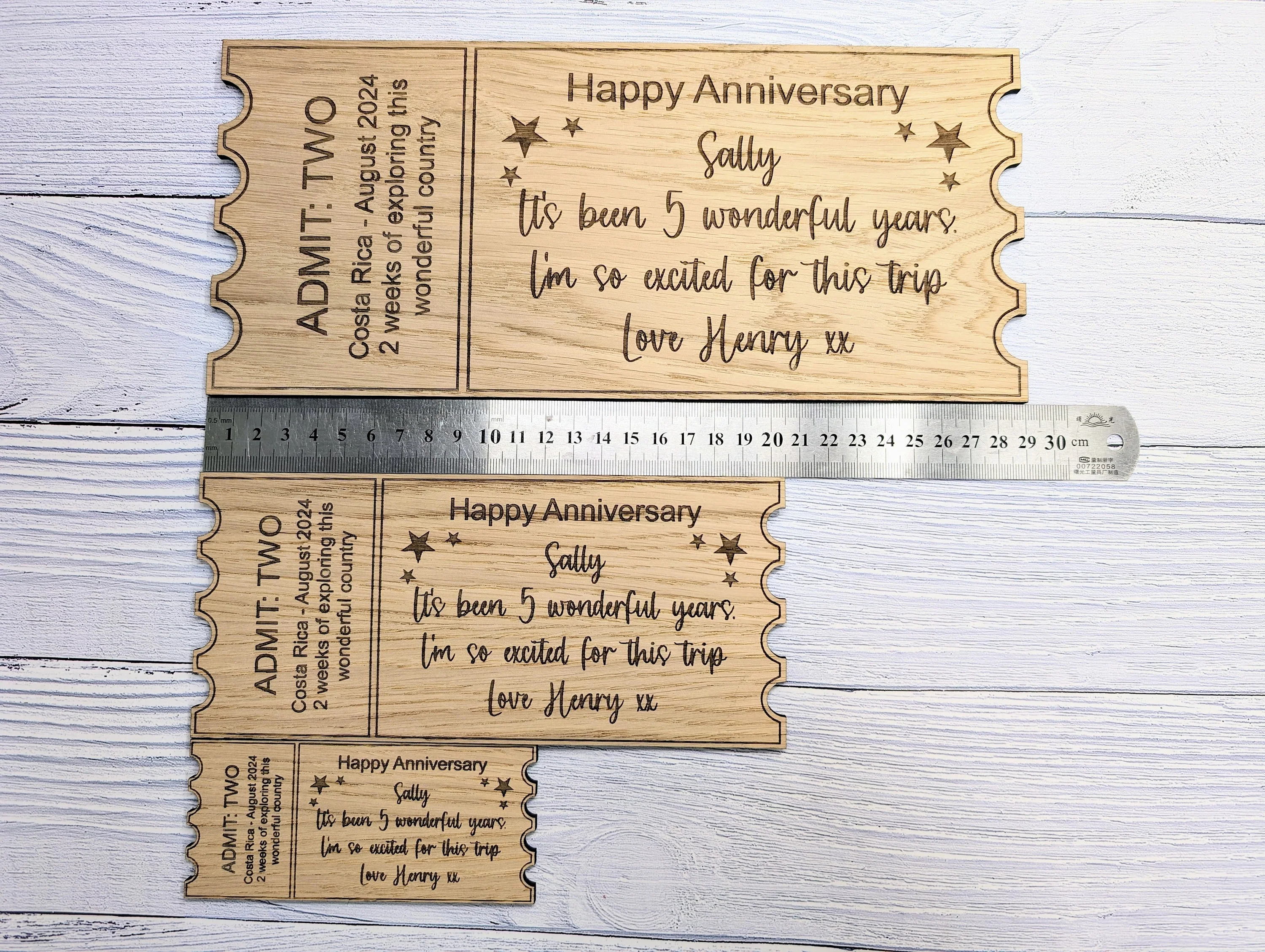 Personalised Oak Veneer Anniversary Ticket - Custom Love Voucher, Unique Keepsake Gift | Handcrafted in Wales, 3 Sizes Available - Image 3