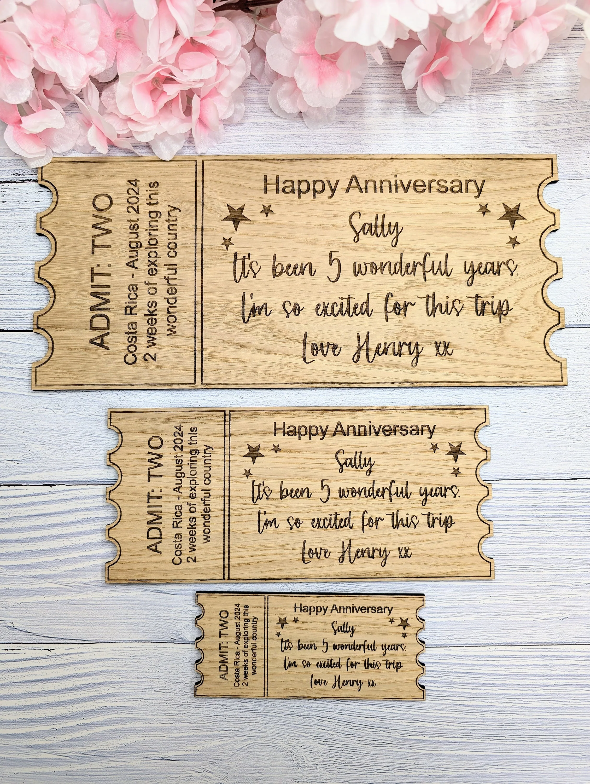 Personalised Oak Veneer Anniversary Ticket - Custom Love Voucher, Unique Keepsake Gift | Handcrafted in Wales, 3 Sizes Available - Image 4