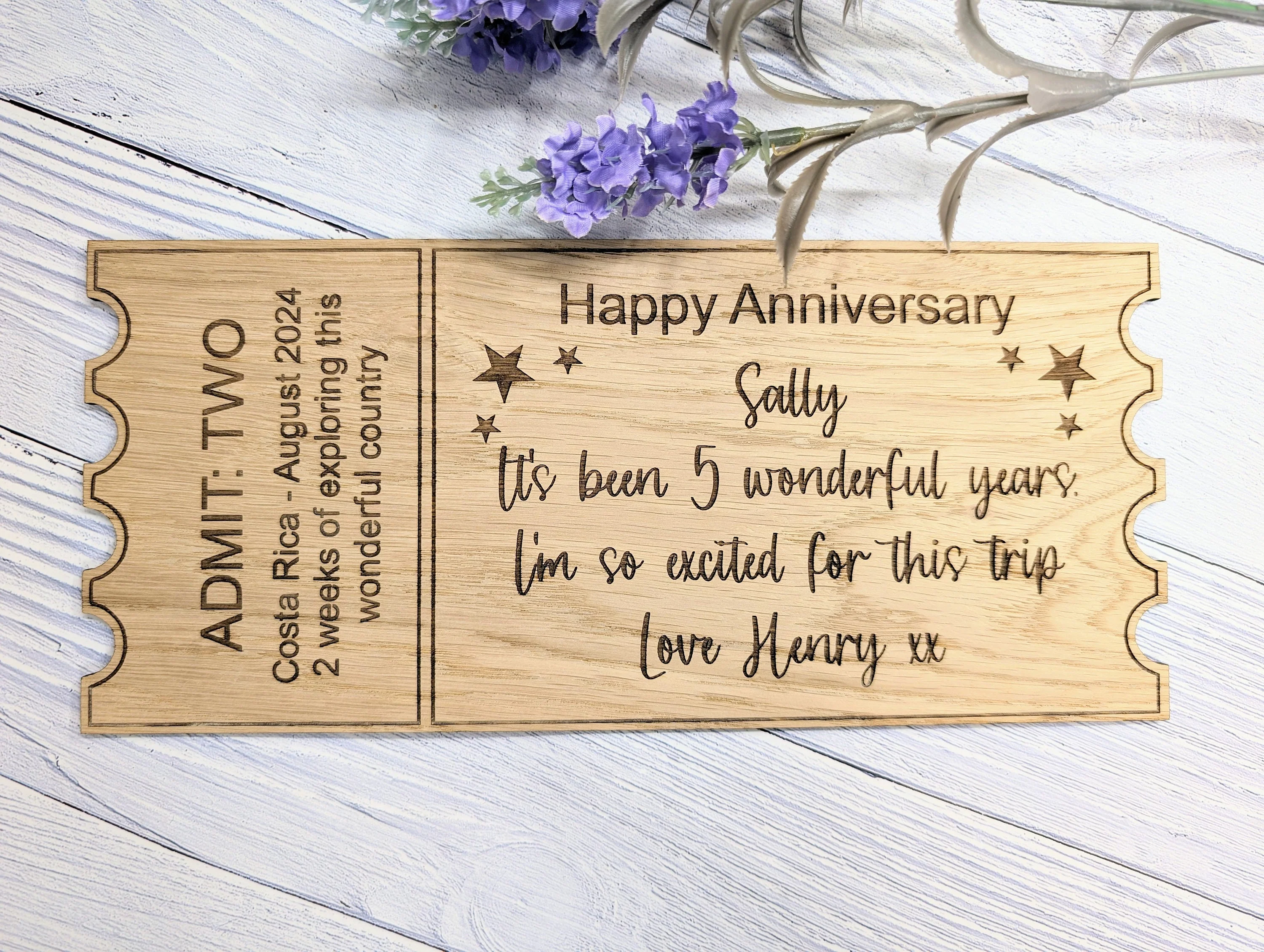 Personalised Oak Veneer Anniversary Ticket - Custom Love Voucher, Unique Keepsake Gift | Handcrafted in Wales, 3 Sizes Available - Image 5