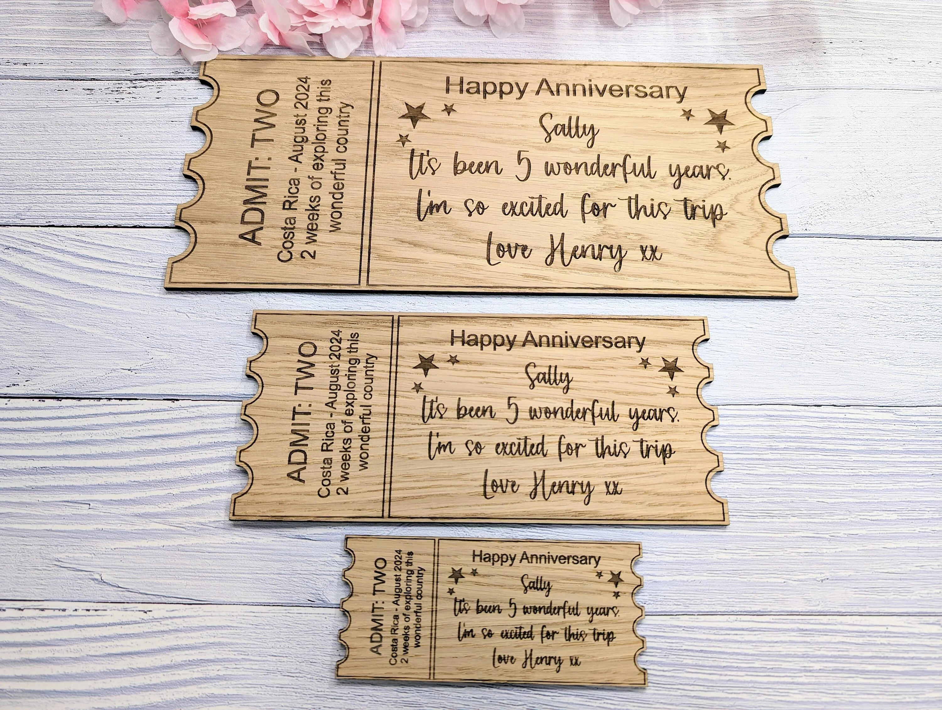 Personalised Oak Veneer Anniversary Ticket - Custom Love Voucher, Unique Keepsake Gift | Handcrafted in Wales, 3 Sizes Available - Image 6