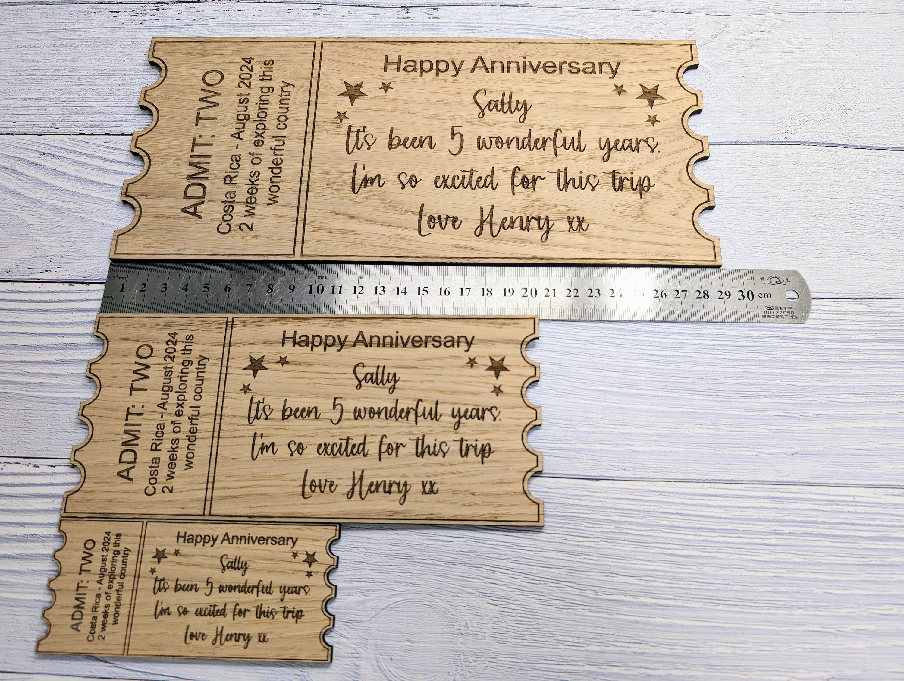 Personalised Oak Veneer Anniversary Ticket - Custom Love Voucher, Unique Keepsake Gift | Handcrafted in Wales, 3 Sizes Available - Image 7