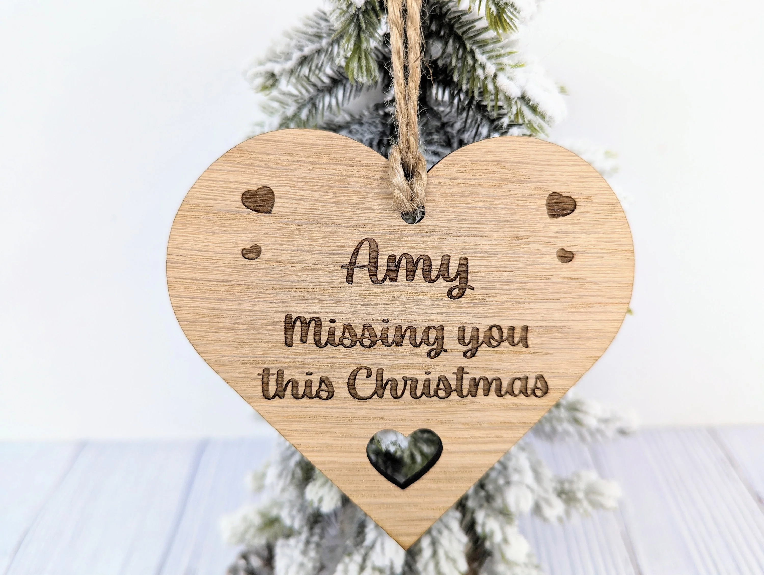 Personalised Oak Veneer Christmas Bauble with Custom Message and Rustic Jute String - Engraved Hearts - Image 2