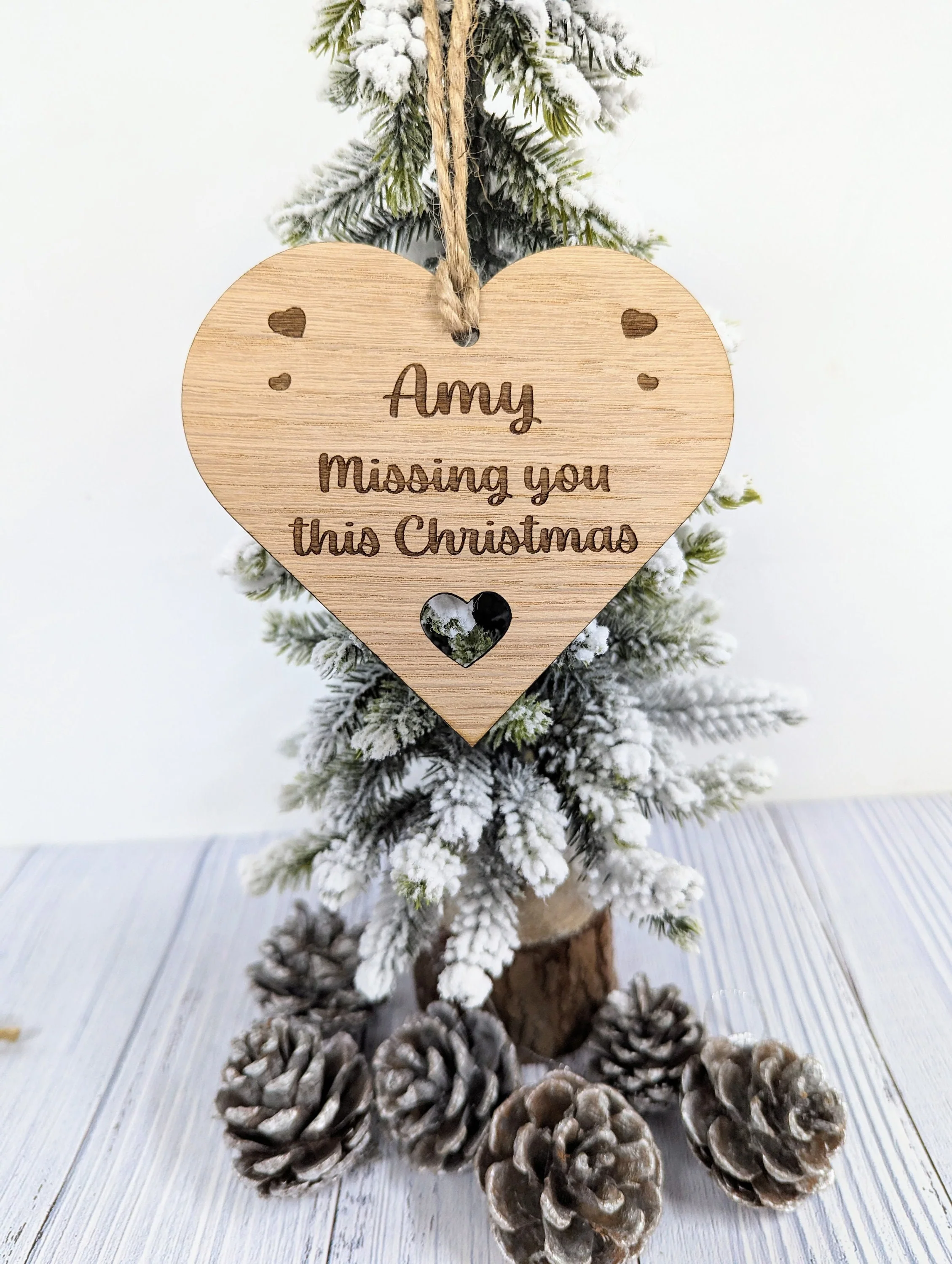 Personalised Oak Veneer Christmas Bauble with Custom Message and Rustic Jute String - Engraved Hearts - Image 3
