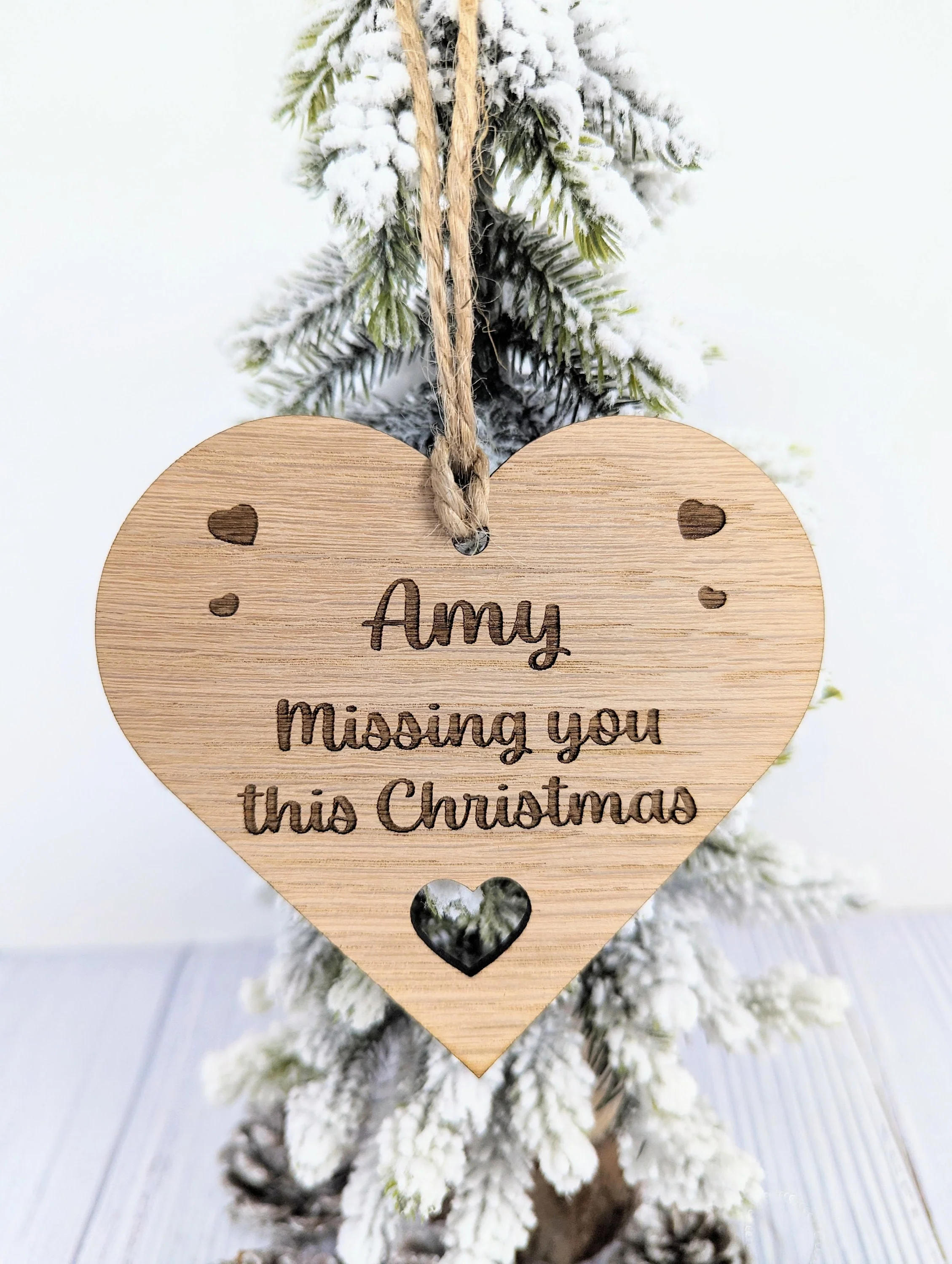 Personalised Oak Veneer Christmas Bauble with Custom Message and Rustic Jute String - Engraved Hearts - Image 5