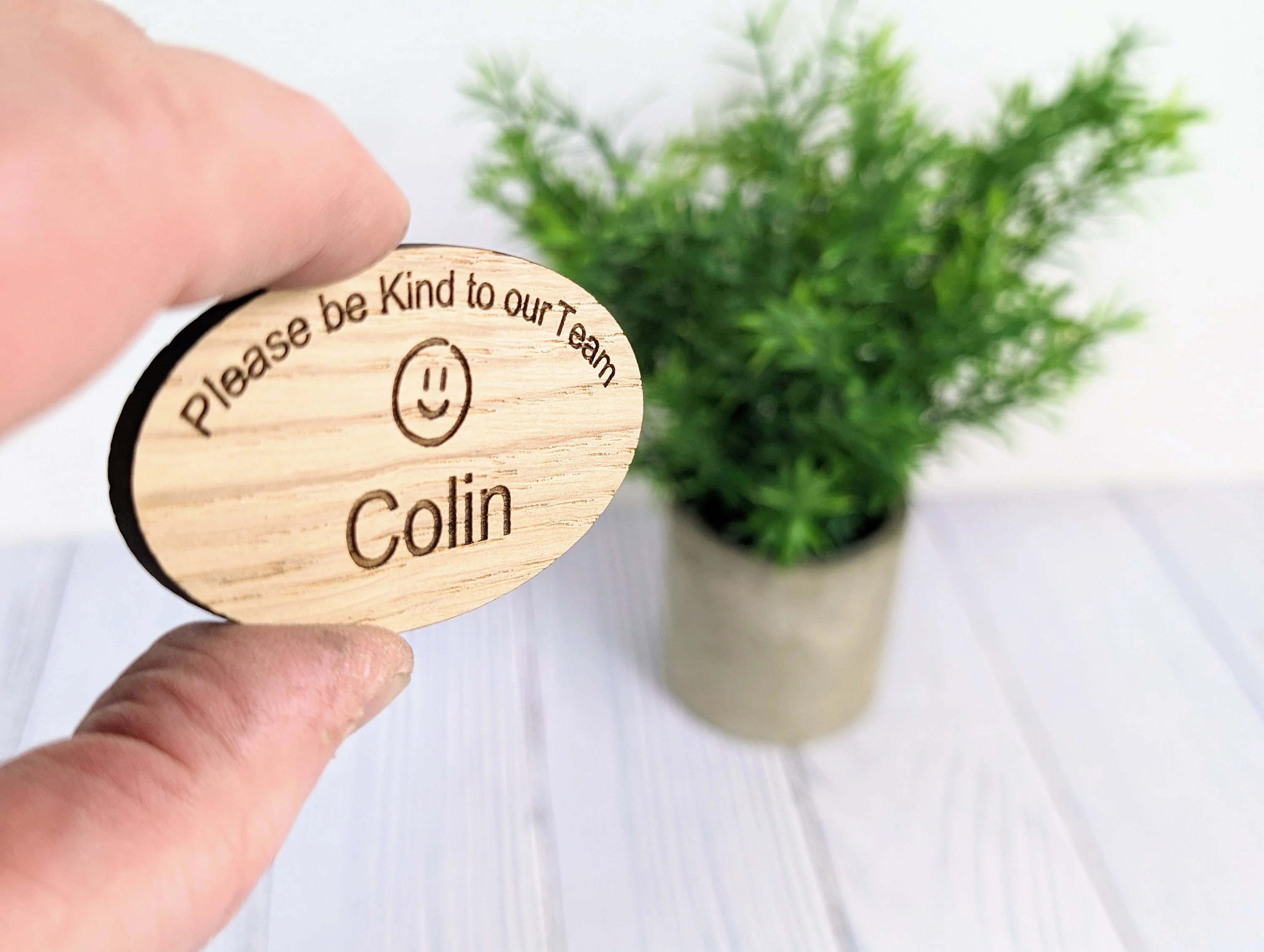 Personalised Oak Veneer Name Badge - Eco-Friendly, Oval 'Please Be Kind to Our Team' - Customisable for Company Name & Job Title - Image 5