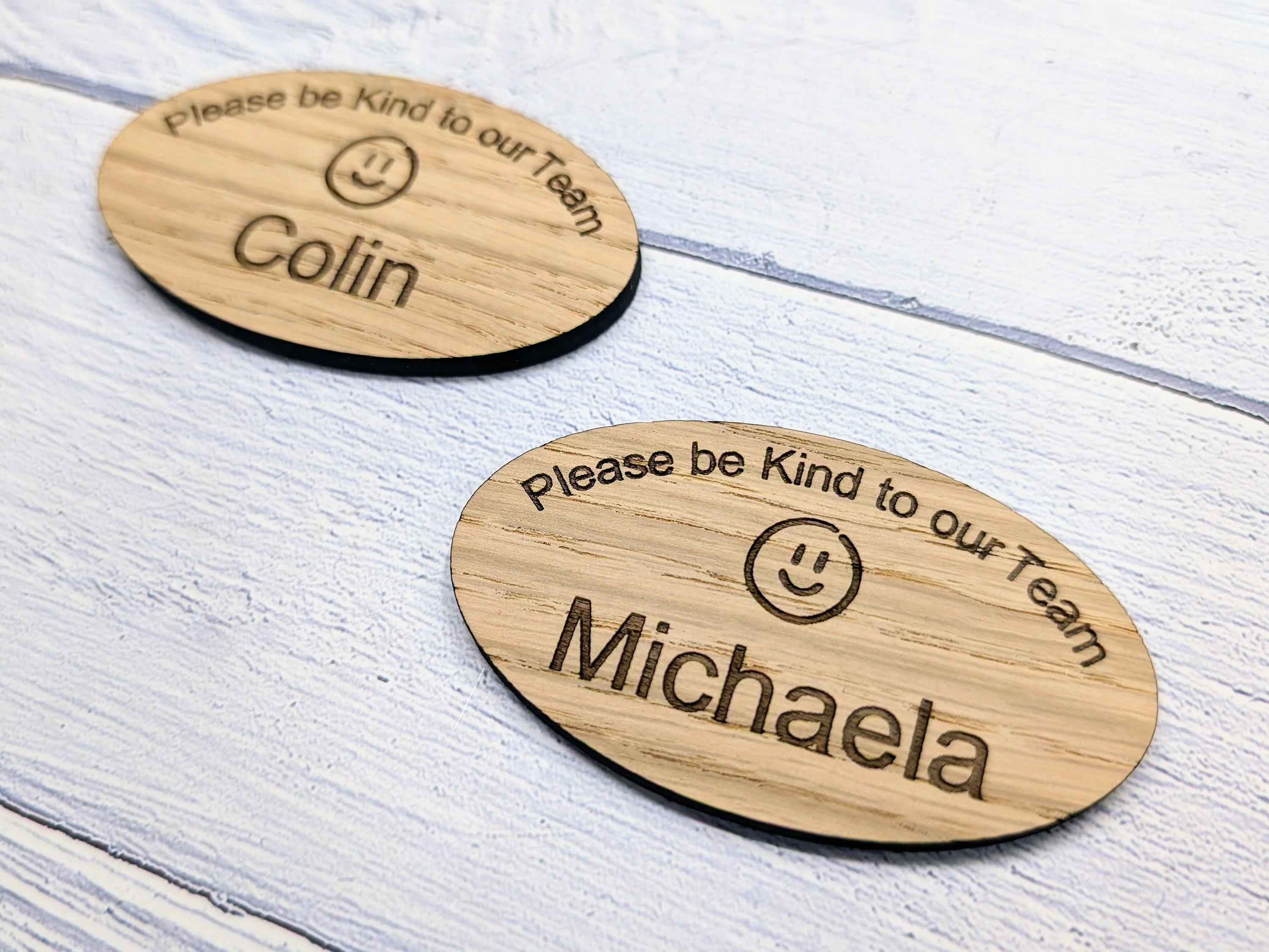Personalised Oak Veneer Name Badge - Eco-Friendly, Oval 'Please Be Kind to Our Team' - Customisable for Company Name & Job Title - Image 6