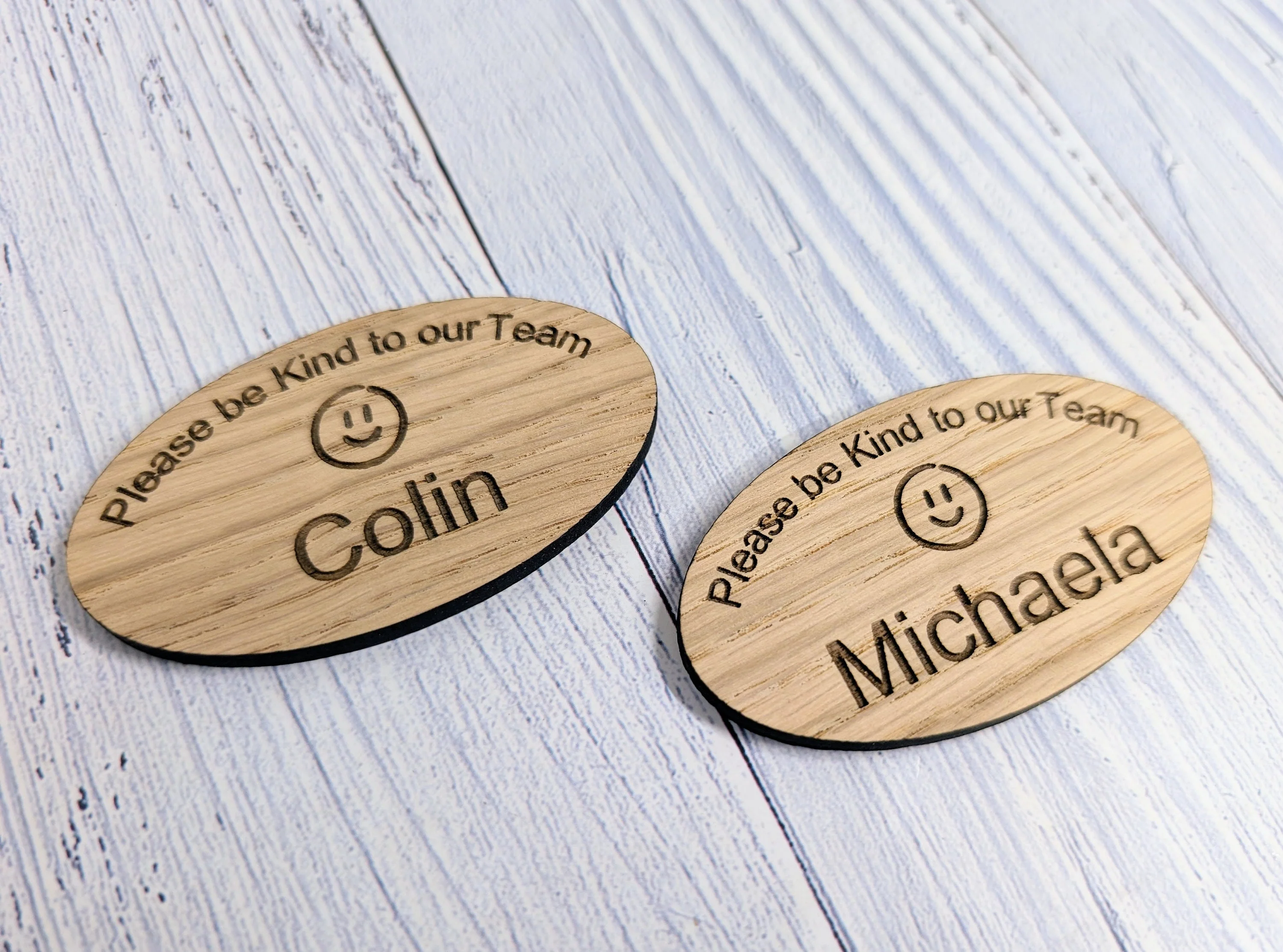Personalised Oak Veneer Name Badge - Eco-Friendly, Oval 'Please Be Kind to Our Team' - Customisable for Company Name & Job Title - Image 8