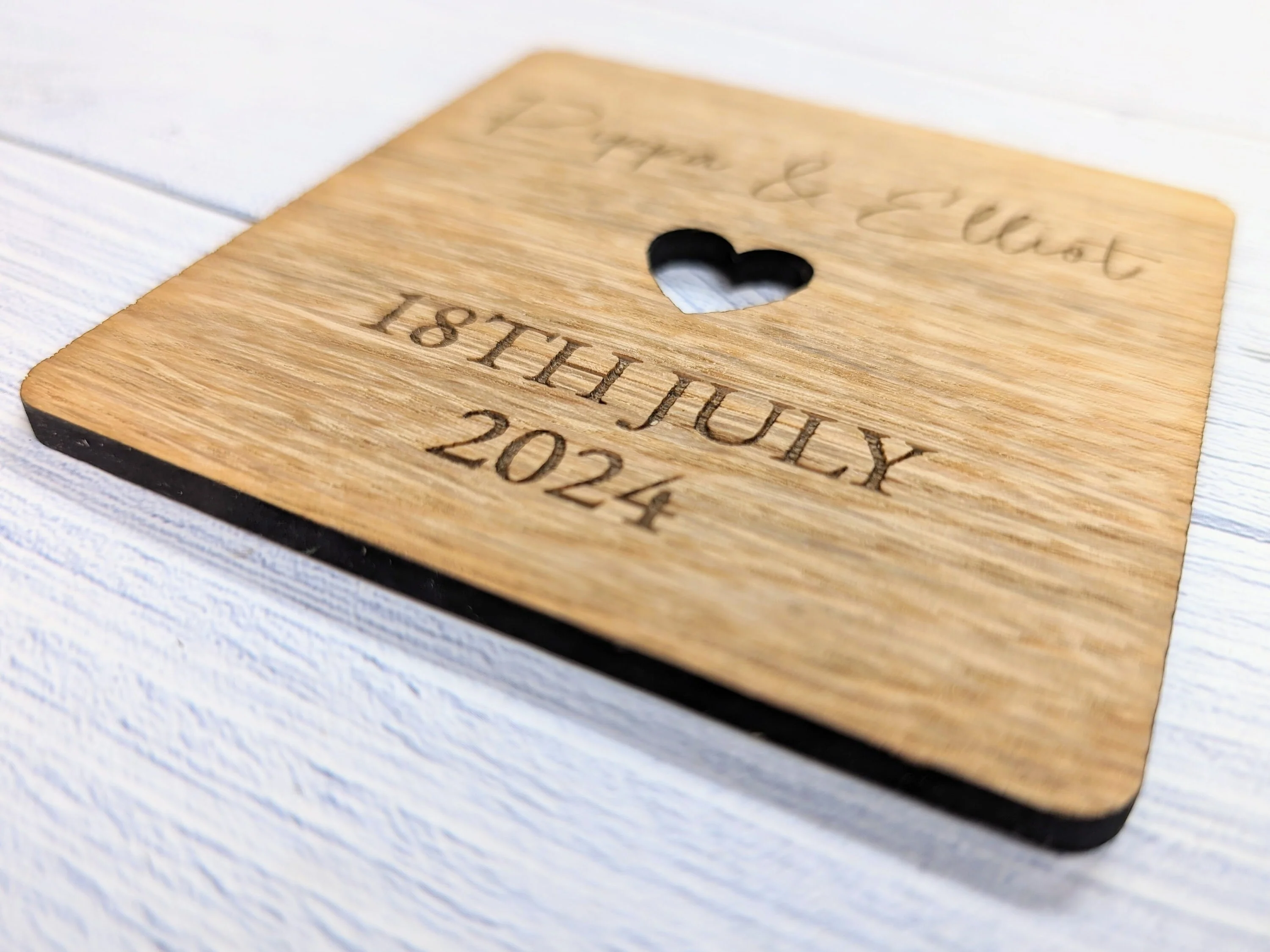 Personalised Oak Veneered Wedding Coasters - Customisable with Names, Date & Heart Design, 90mm x 90mm, Unique Wooden Wedding Favours - Image 3