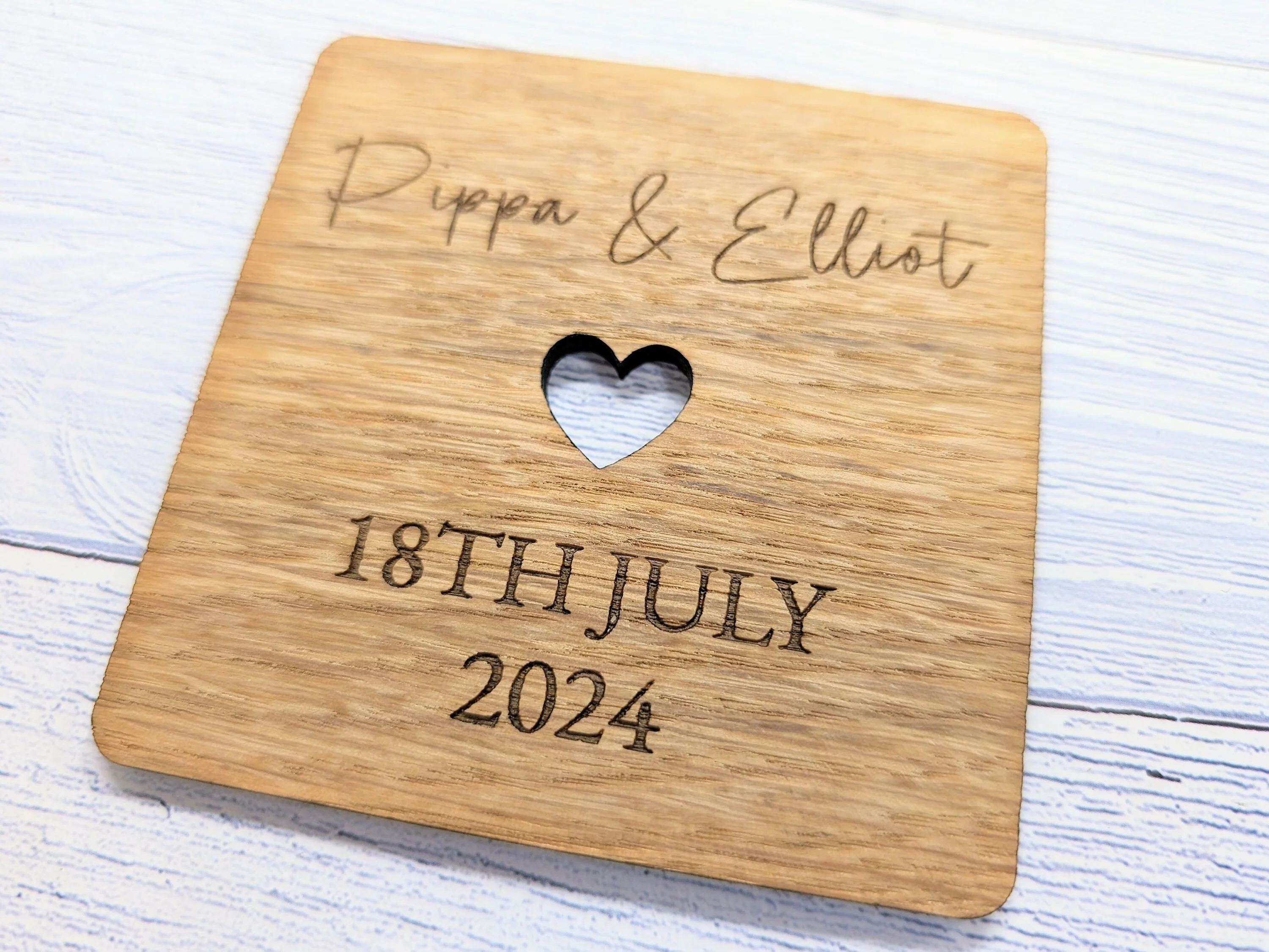 Personalised Oak Veneered Wedding Coasters - Customisable with Names, Date & Heart Design, 90mm x 90mm, Unique Wooden Wedding Favours - Image 4
