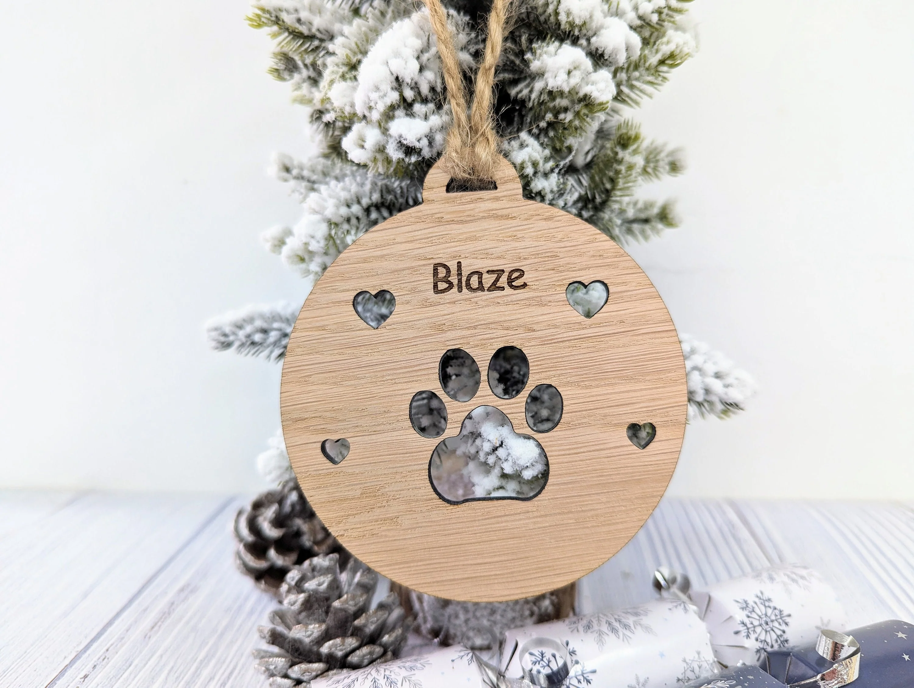 Personalised Paw Print Christmas Bauble in Oak Veneer MDF - Rustic Jute String - Stars or Hearts Cut-Out - Paw Print Gift - Image 2
