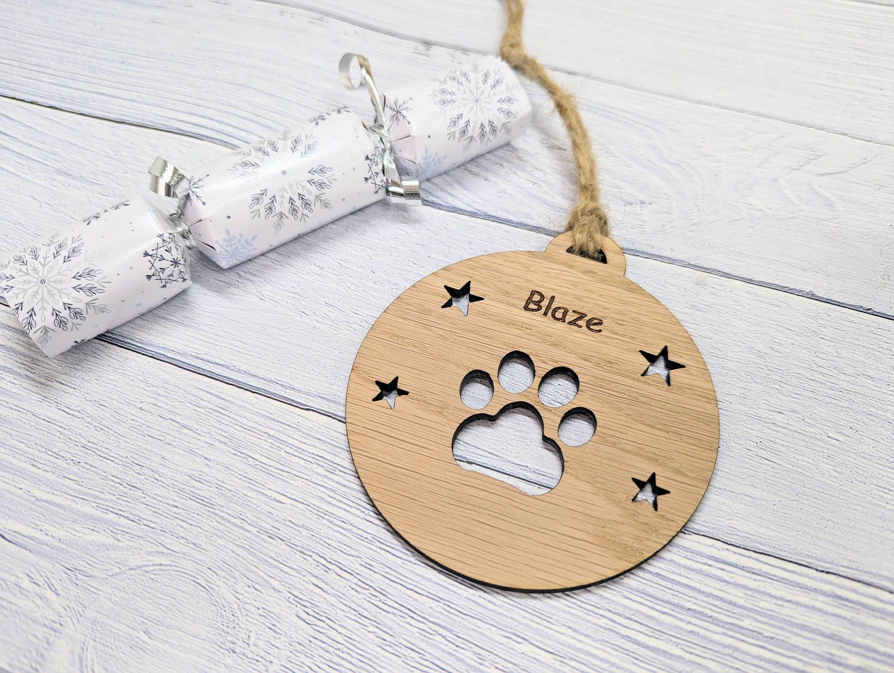 Personalised Paw Print Christmas Bauble in Oak Veneer MDF - Rustic Jute String - Stars or Hearts Cut-Out - Paw Print Gift - Image 3